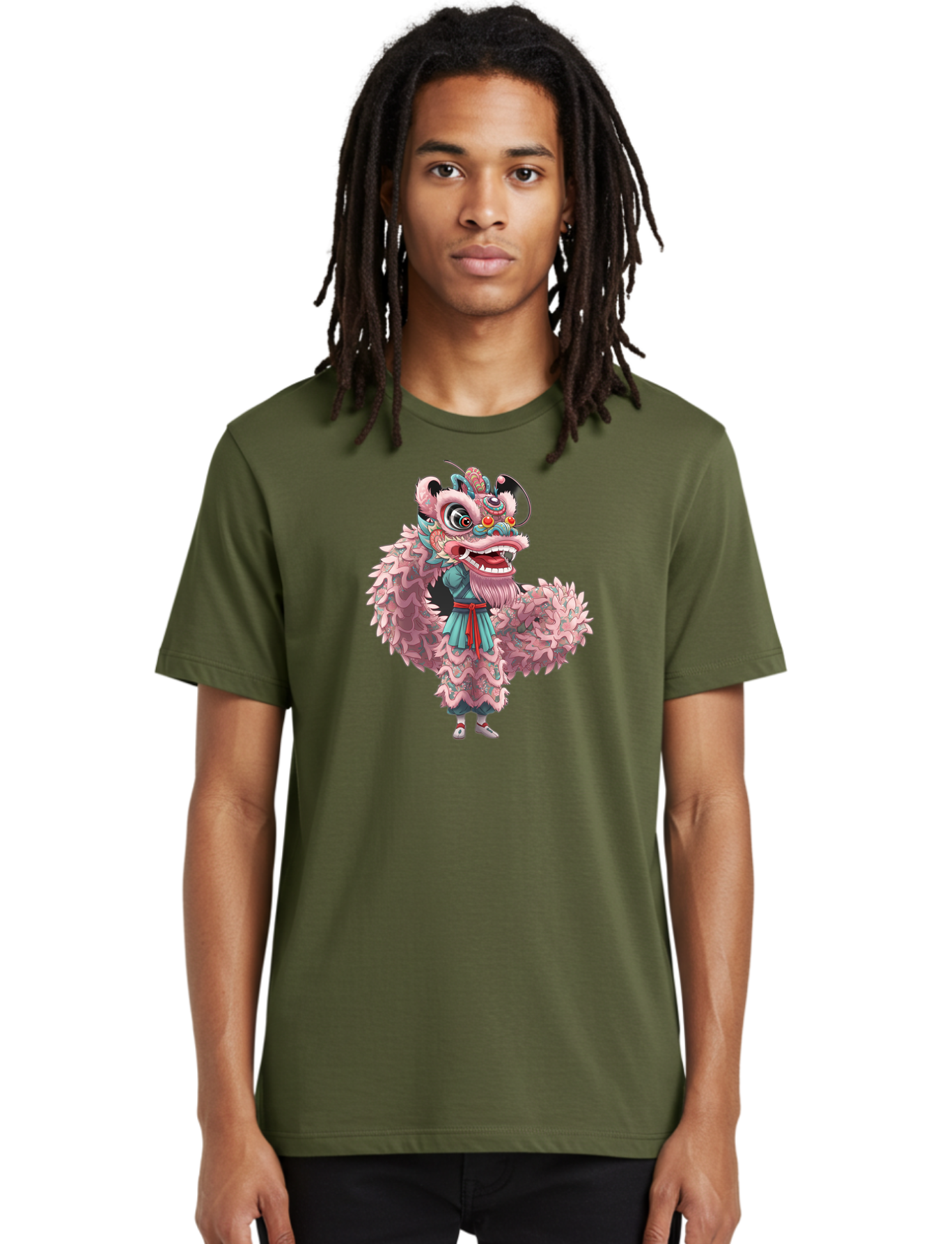 Pastel-Lion-Dance-Costume Men'S Graphic Tee, 100% Cotton, Comfortable Casual Summer Wear, Machine Washable, Lion Dance Costume, Traditional Chinese Dance, Cultural Heritage, Festive Atmosphere, Vibrant Colors, Pink Lion, Teal Robes, Red Sash, Bab068