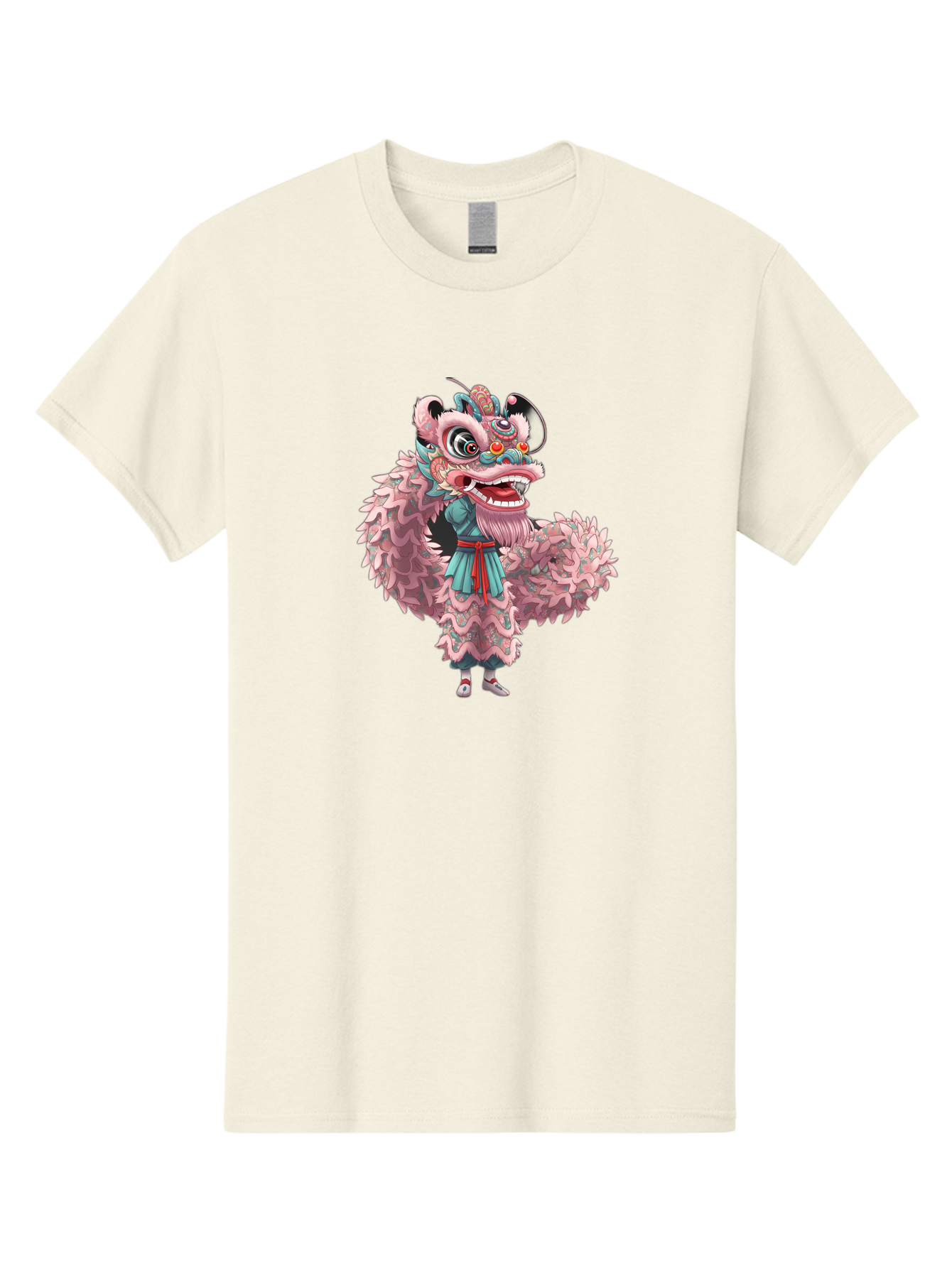 Pastel-Lion-Dance-Costume Men'S Graphic Tee, 100% Cotton, Comfortable Casual Summer Wear, Machine Washable, Lion Dance Costume, Traditional Chinese Dance, Cultural Heritage, Festive Atmosphere, Vibrant Colors, Pink Lion, Teal Robes, Red Sash, Bab068
