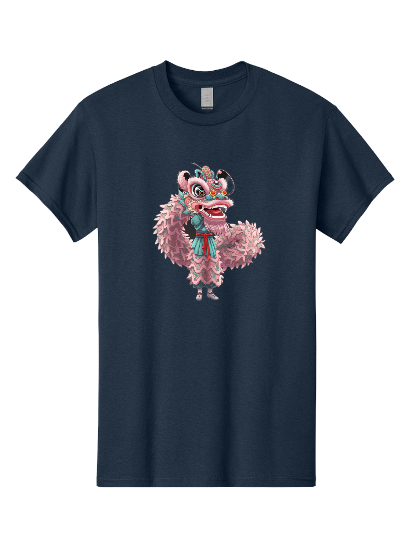 Pastel-Lion-Dance-Costume Men'S Graphic Tee, 100% Cotton, Comfortable Casual Summer Wear, Machine Washable, Lion Dance Costume, Traditional Chinese Dance, Cultural Heritage, Festive Atmosphere, Vibrant Colors, Pink Lion, Teal Robes, Red Sash, Bab068