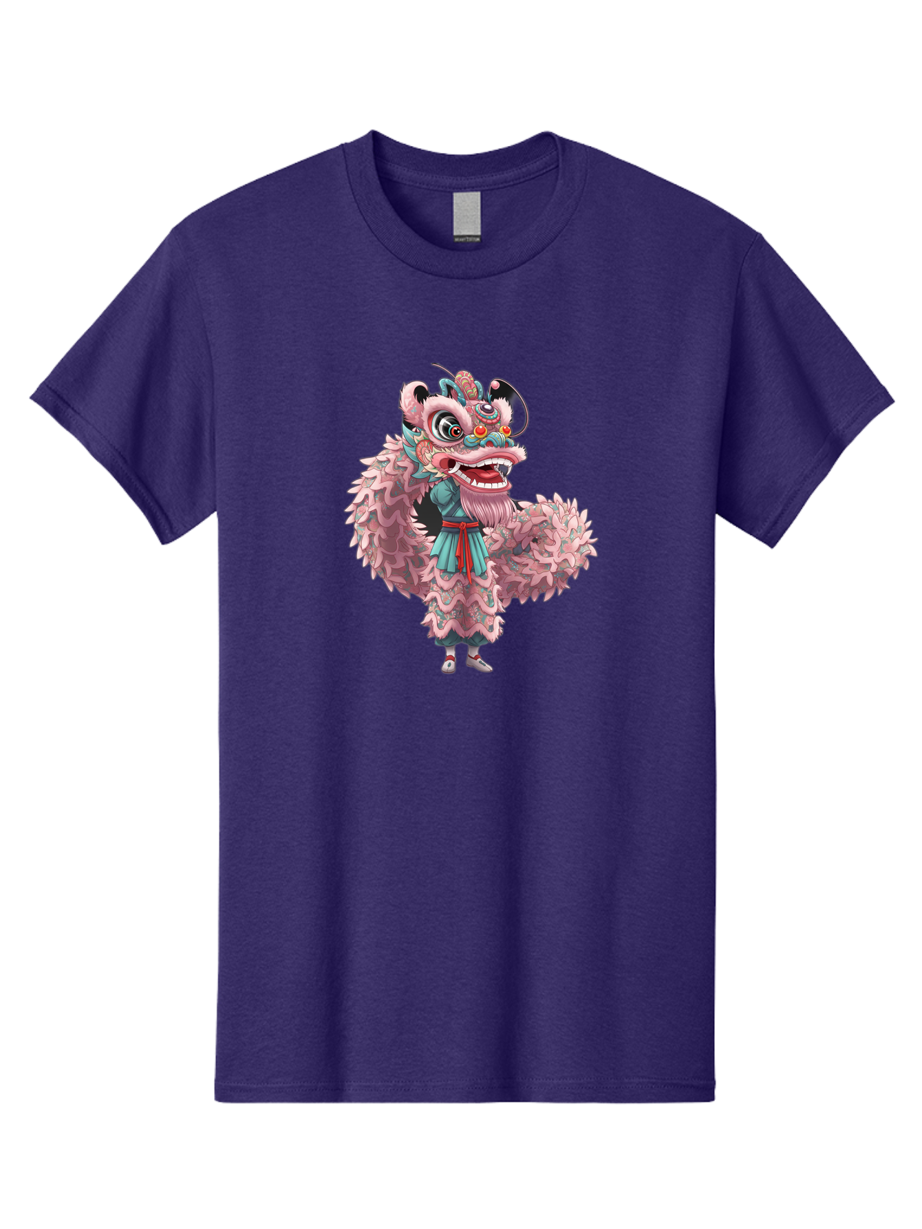 Pastel-Lion-Dance-Costume Men'S Graphic Tee, 100% Cotton, Comfortable Casual Summer Wear, Machine Washable, Lion Dance Costume, Traditional Chinese Dance, Cultural Heritage, Festive Atmosphere, Vibrant Colors, Pink Lion, Teal Robes, Red Sash, Bab068