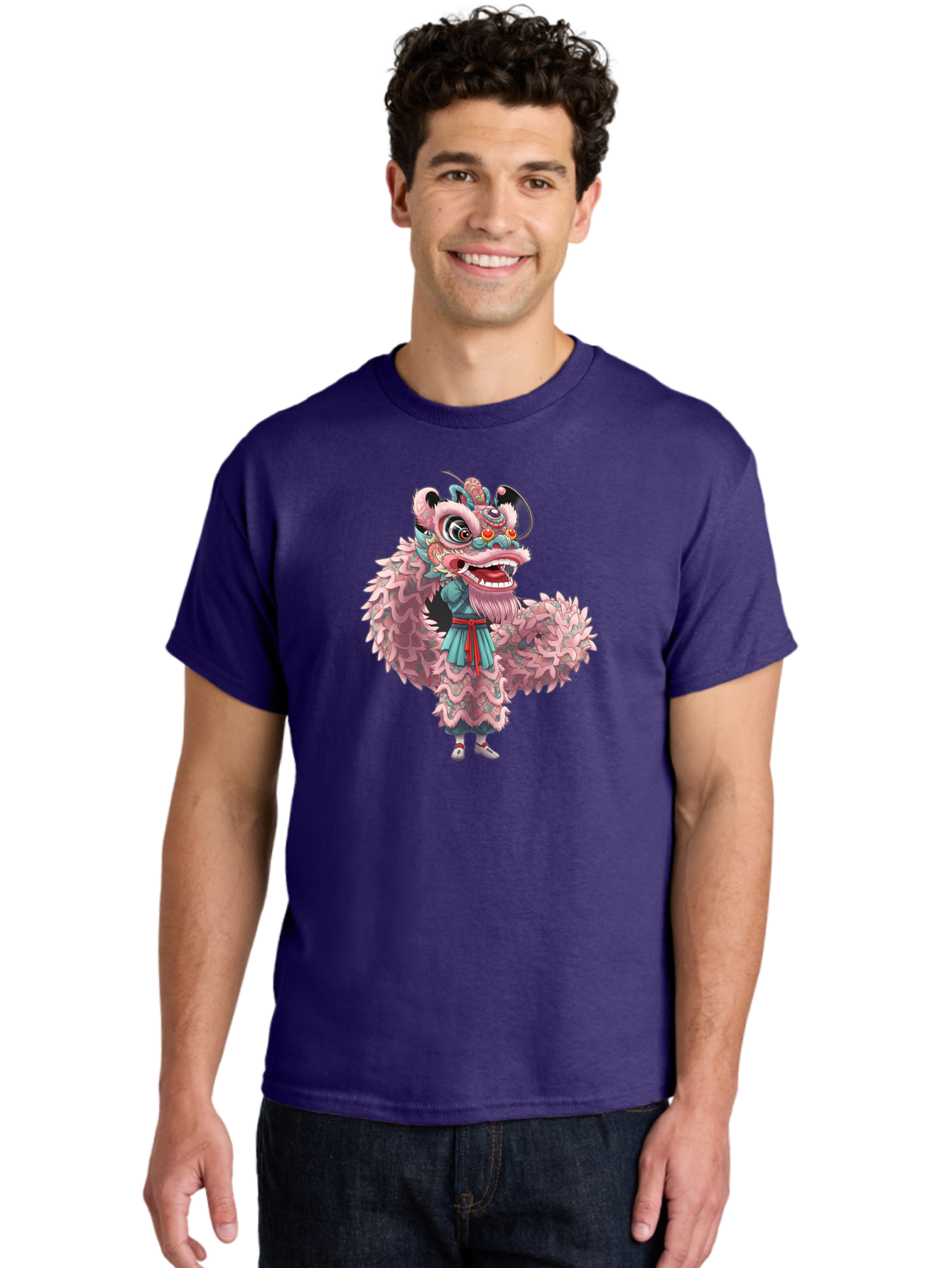 Pastel-Lion-Dance-Costume Men'S Graphic Tee, 100% Cotton, Comfortable Casual Summer Wear, Machine Washable, Lion Dance Costume, Traditional Chinese Dance, Cultural Heritage, Festive Atmosphere, Vibrant Colors, Pink Lion, Teal Robes, Red Sash, Bab068