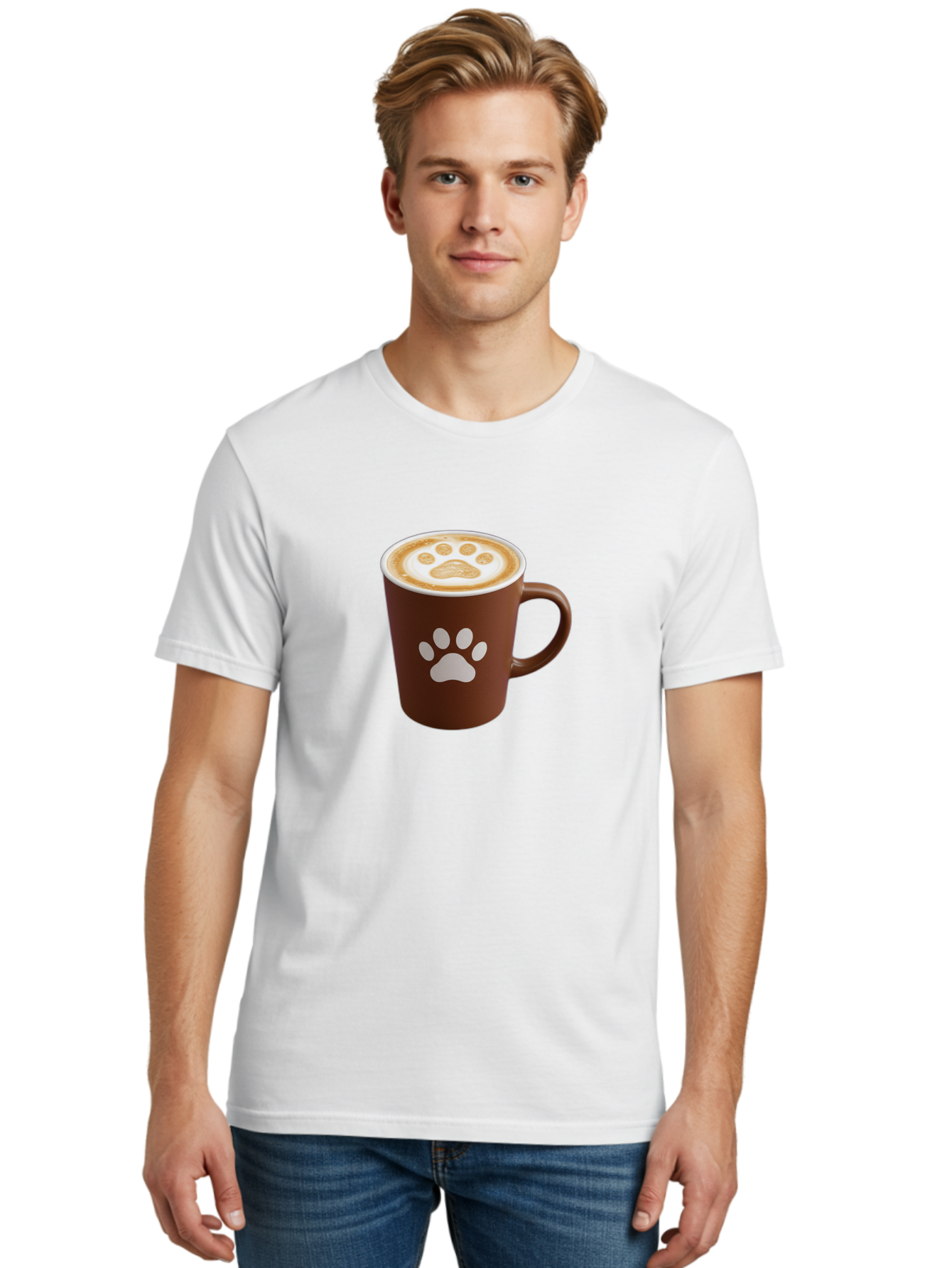 Paw-Print-Coffee-Cup Men'S Graphic Tee, 100% Cotton, Comfortable Casual Summer Wear, Machine Washable, Coffee Cup, Paw Print Design, Latte Art, Cappuccino, Pet Friendly Coffee, Animal Print, Coffee Lover Gift, Cat Paw Print, Dog Paw Print Bab069