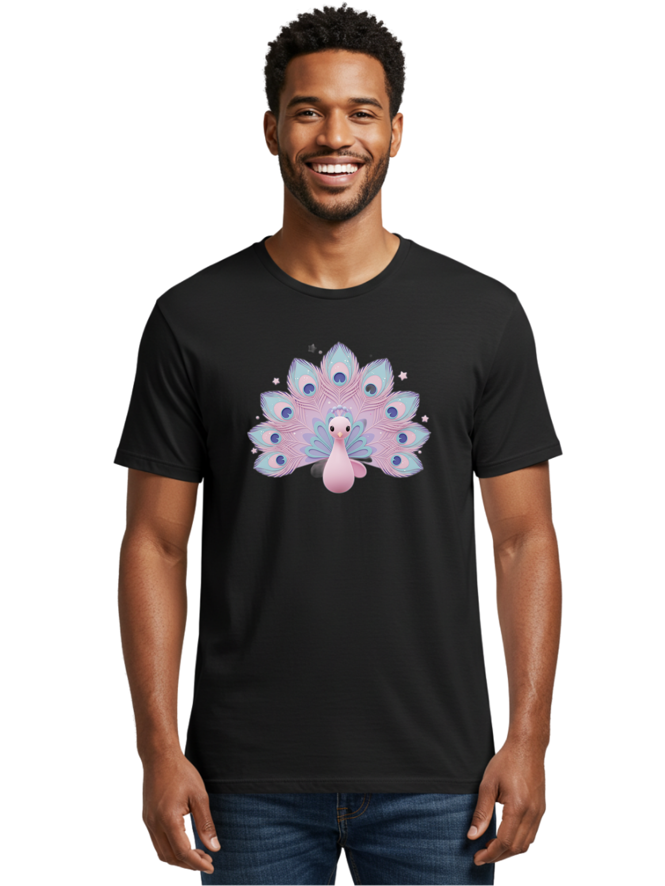 Peacock-1 Men'S Graphic Tee, 100% Cotton, Comfortable Casual Summer Wear, Machine Washable, Cartoon Peacock, Pink Peacock, Blue Feathers, Fantasy Bird, Majestic Plumage, Vibrant Colors, Pastel Hues, Whimsical Design, Stylized Artwork, Bab070