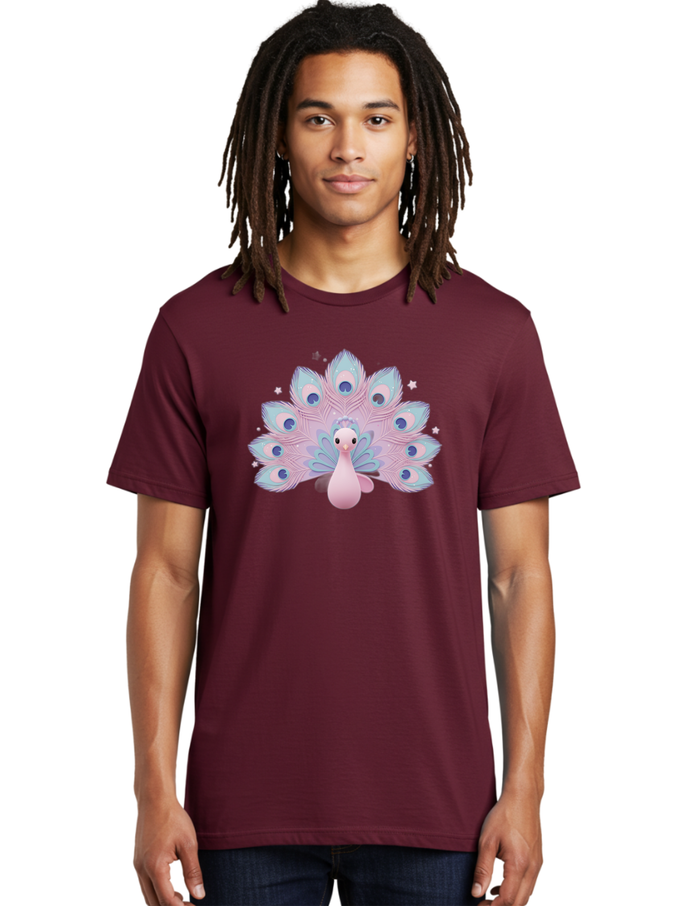 Peacock-1 Men'S Graphic Tee, 100% Cotton, Comfortable Casual Summer Wear, Machine Washable, Cartoon Peacock, Pink Peacock, Blue Feathers, Fantasy Bird, Majestic Plumage, Vibrant Colors, Pastel Hues, Whimsical Design, Stylized Artwork, Bab070