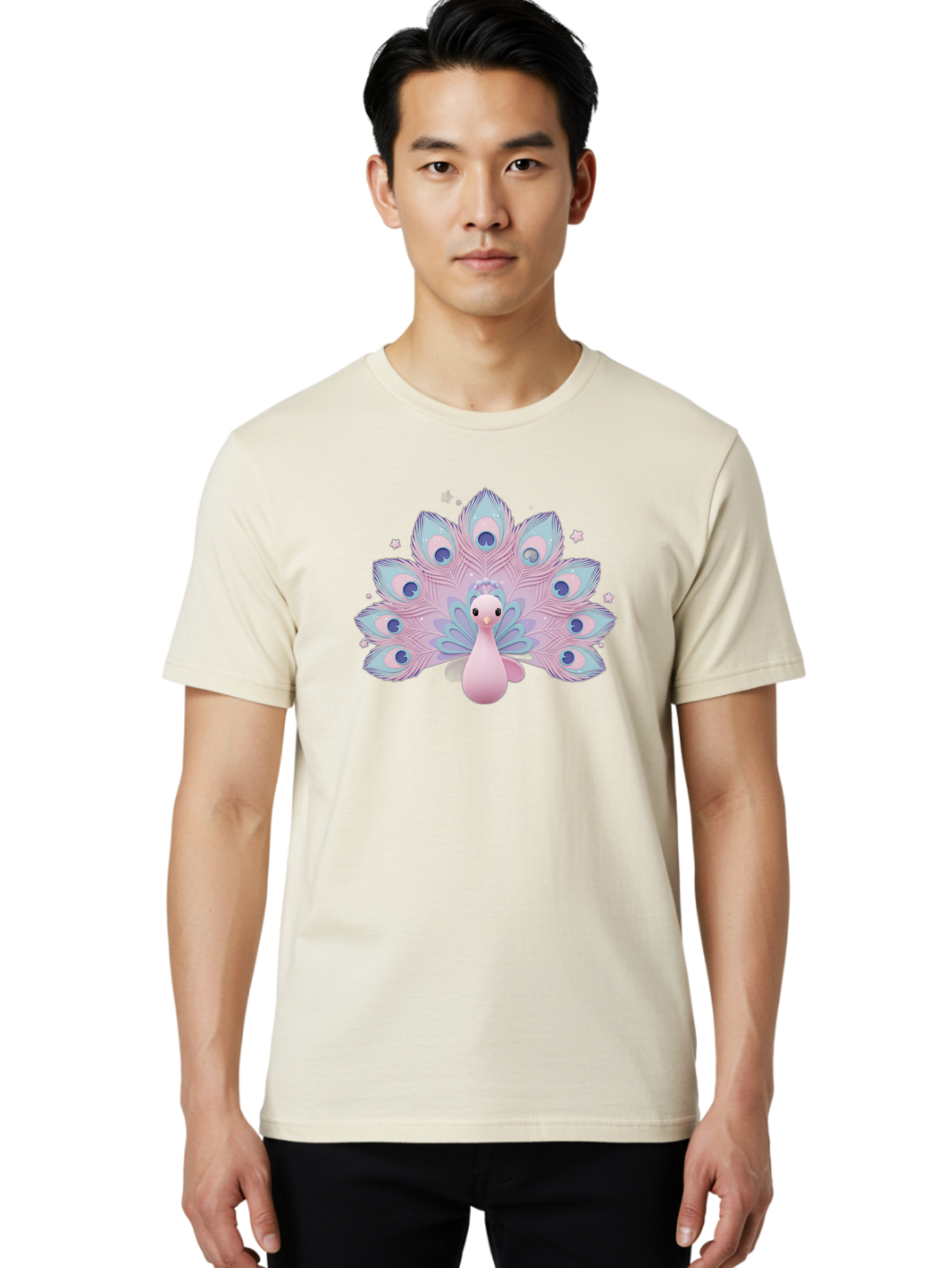 Peacock-1 Men'S Graphic Tee, 100% Cotton, Comfortable Casual Summer Wear, Machine Washable, Cartoon Peacock, Pink Peacock, Blue Feathers, Fantasy Bird, Majestic Plumage, Vibrant Colors, Pastel Hues, Whimsical Design, Stylized Artwork, Bab070