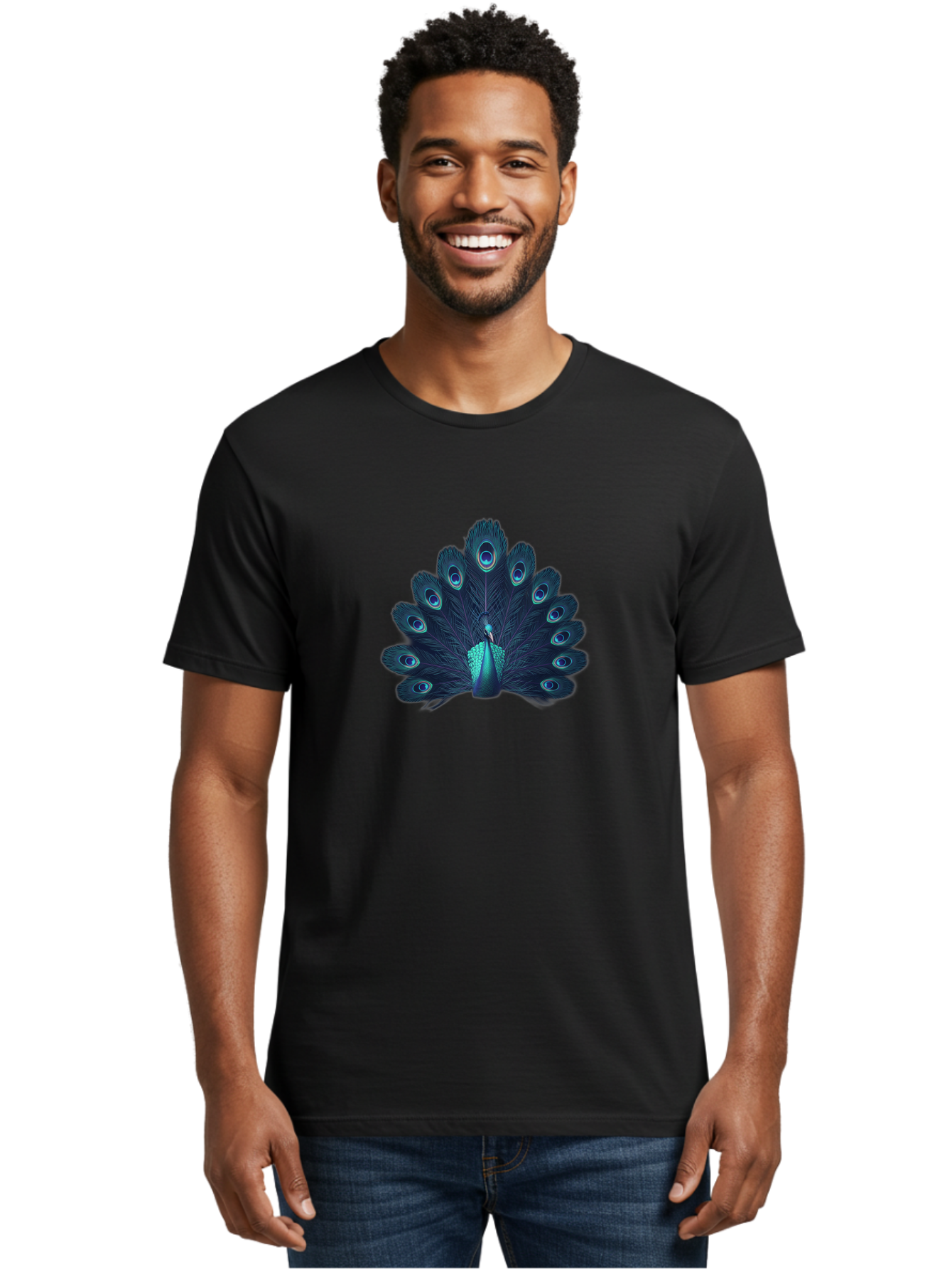 Peacock-10 Men'S Graphic Tee, 100% Cotton, Comfortable Casual Summer Wear, Machine Washable, Peacock Spreading Its Feathers, Blue Eyespots, Vibrant Plumage, Majestic Bird, Iridescent Colors, Natural Beauty, Exotic Wildlife, Stunning Display Bab071