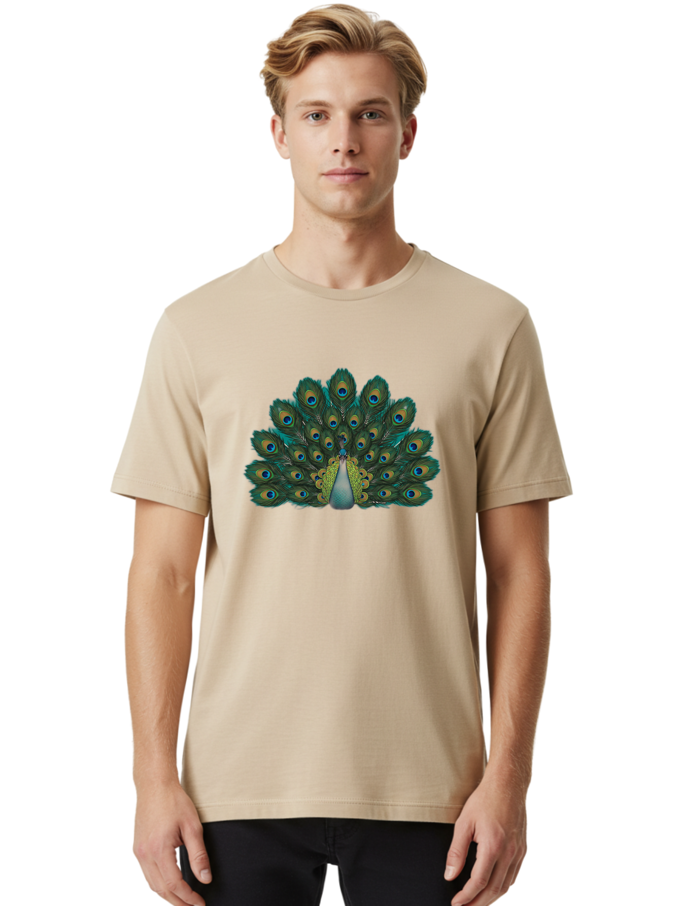 Peacock-13 Men'S Graphic Tee, 100% Cotton, Comfortable Casual Summer Wear, Machine Washable, Peacock With Spread Tail, Vibrant Plumage, Blue And Green Feathers, Eye Spots, Majestic Bird, Exotic Creature, Beautiful Display, Nature'S Artistry, Bab074