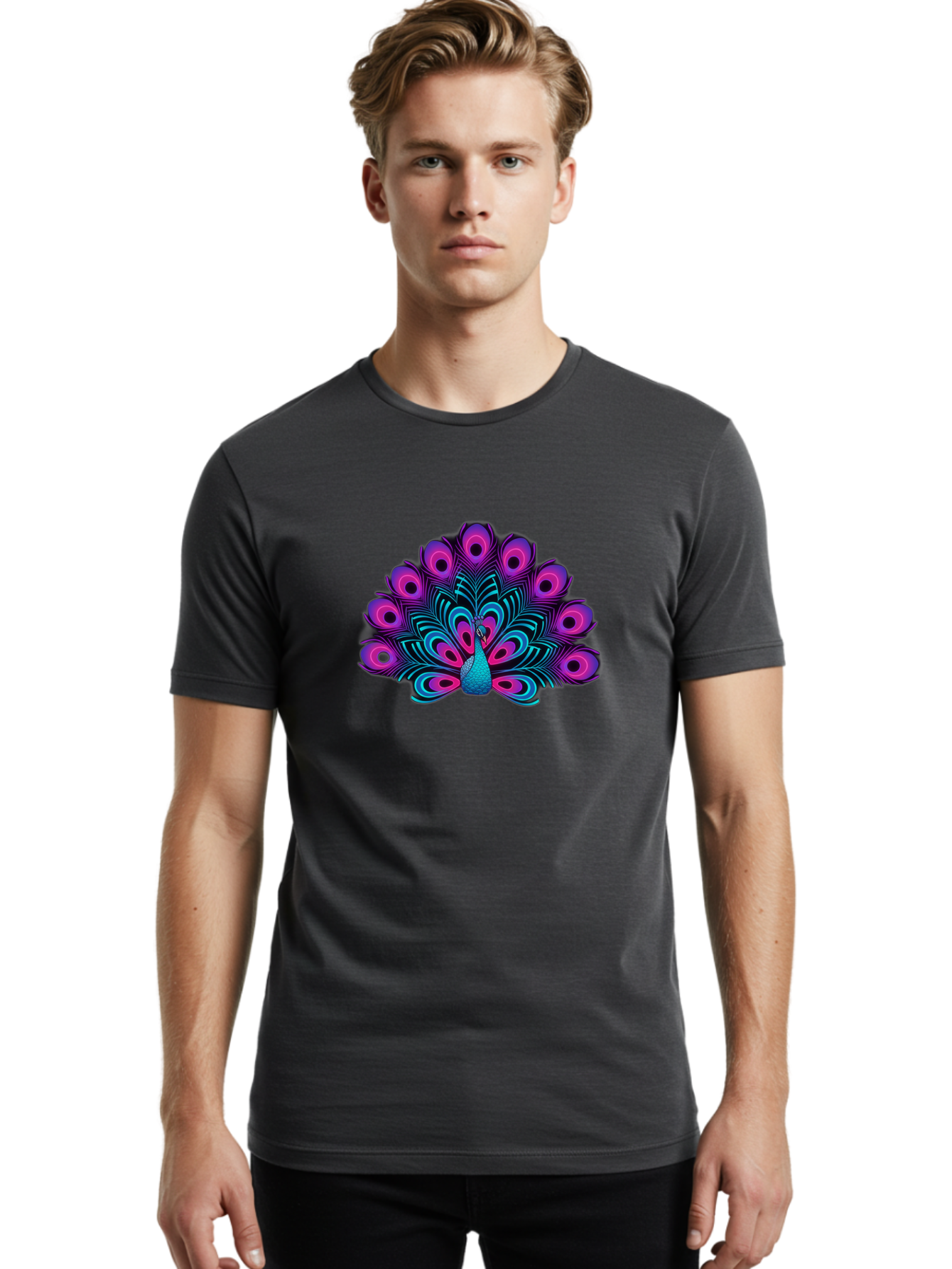 Peacock-16 Men'S Graphic Tee, 100% Cotton, Comfortable Casual Summer Wear, Machine Washable, Peacock Displaying Feathers, Vibrant Plumage, Blue And Purple Hues, Eye-Catching Pattern, Majestic Bird, Colorful Illustration, Intricate Design, Bab077