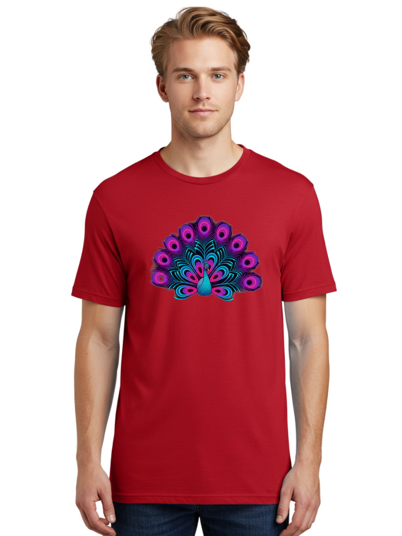 Peacock-16 Men'S Graphic Tee, 100% Cotton, Comfortable Casual Summer Wear, Machine Washable, Peacock Displaying Feathers, Vibrant Plumage, Blue And Purple Hues, Eye-Catching Pattern, Majestic Bird, Colorful Illustration, Intricate Design, Bab077