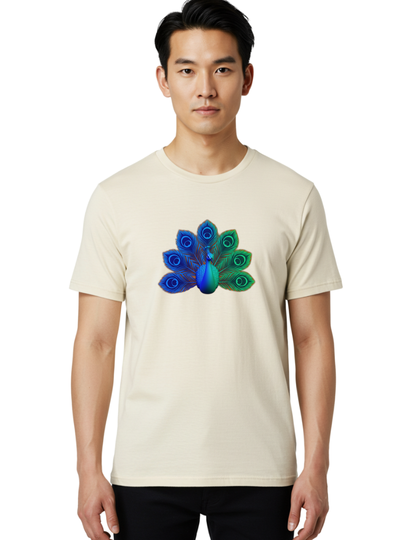 Peacock-18 Men'S Graphic Tee, 100% Cotton, Comfortable Casual Summer Wear, Machine Washable, Peacock Display, Vibrant Feathers, Blue Plumage, Colorful Bird, Majestic Creature, Iridescent Colors, Eye Spots, Feathered Beauty Bab079