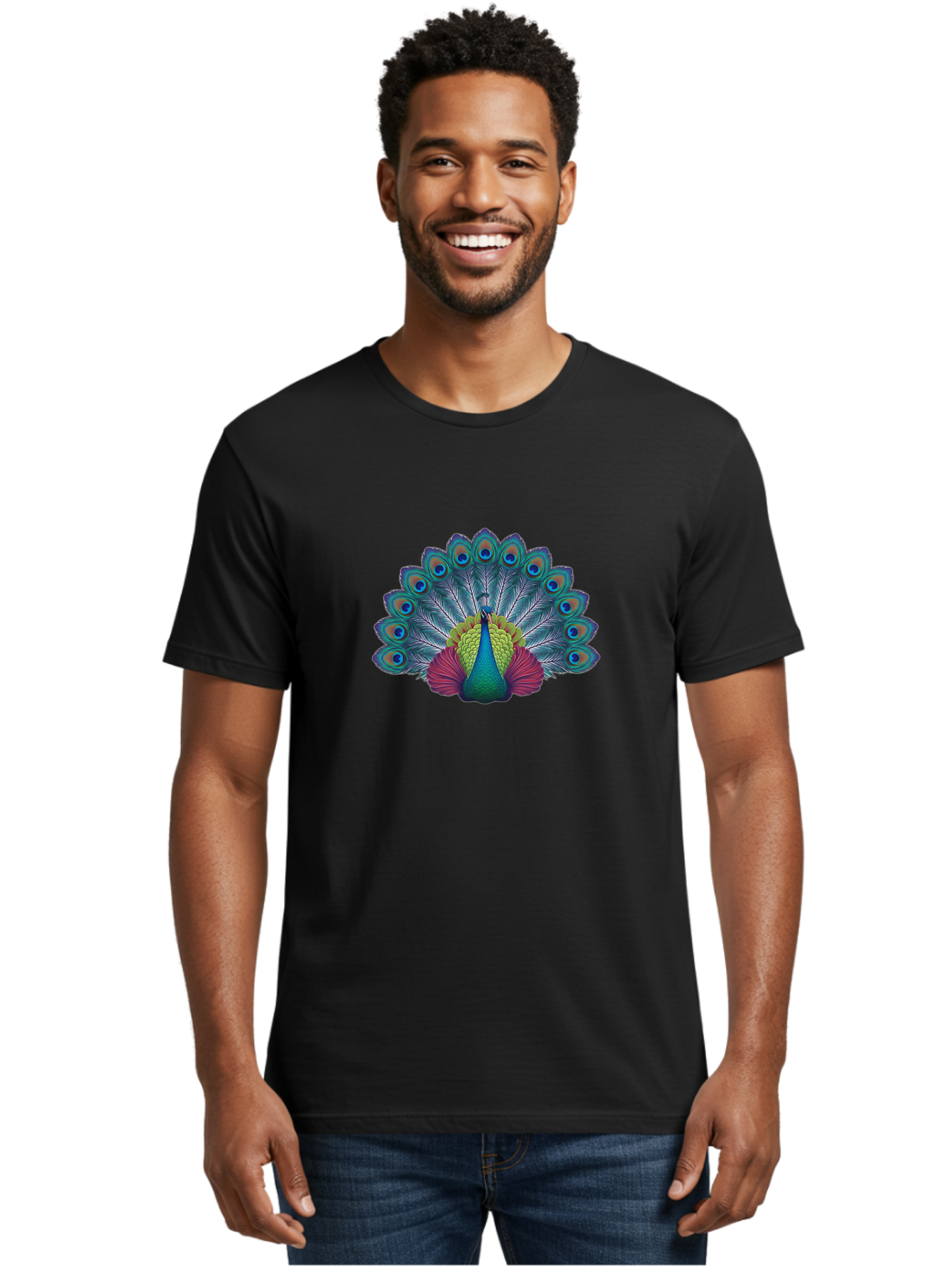 Peacock-19 Men'S Graphic Tee, 100% Cotton, Comfortable Casual Summer Wear, Machine Washable, Peacock With Vibrant Feathers, Colorful Plumage, Blue Eyespots, Green And Blue Body, Pink Train, Majestic Bird, Exotic Wildlife, Beautiful Creature, Bab080