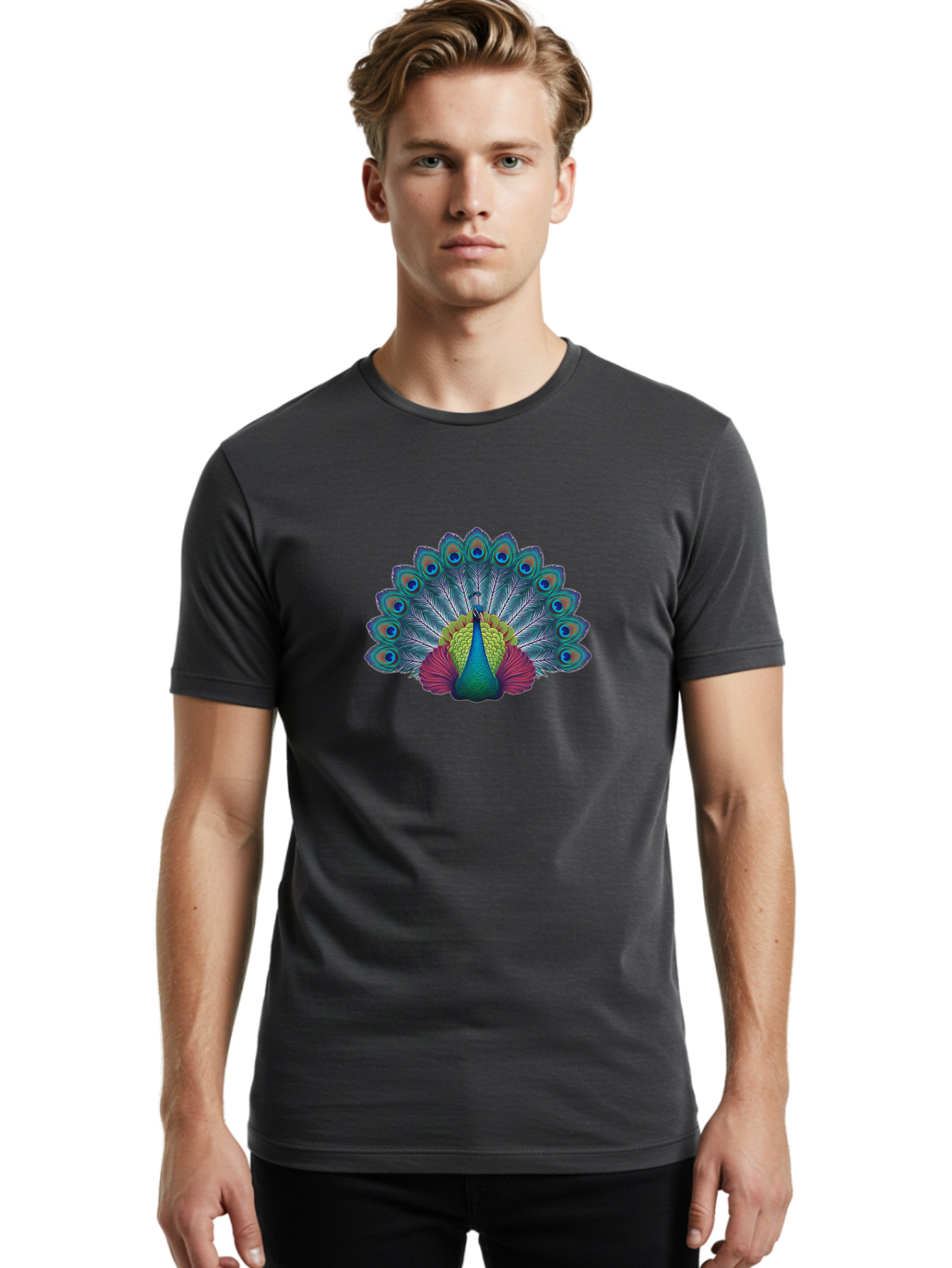 Peacock-19 Men'S Graphic Tee, 100% Cotton, Comfortable Casual Summer Wear, Machine Washable, Peacock With Vibrant Feathers, Colorful Plumage, Blue Eyespots, Green And Blue Body, Pink Train, Majestic Bird, Exotic Wildlife, Beautiful Creature, Bab080