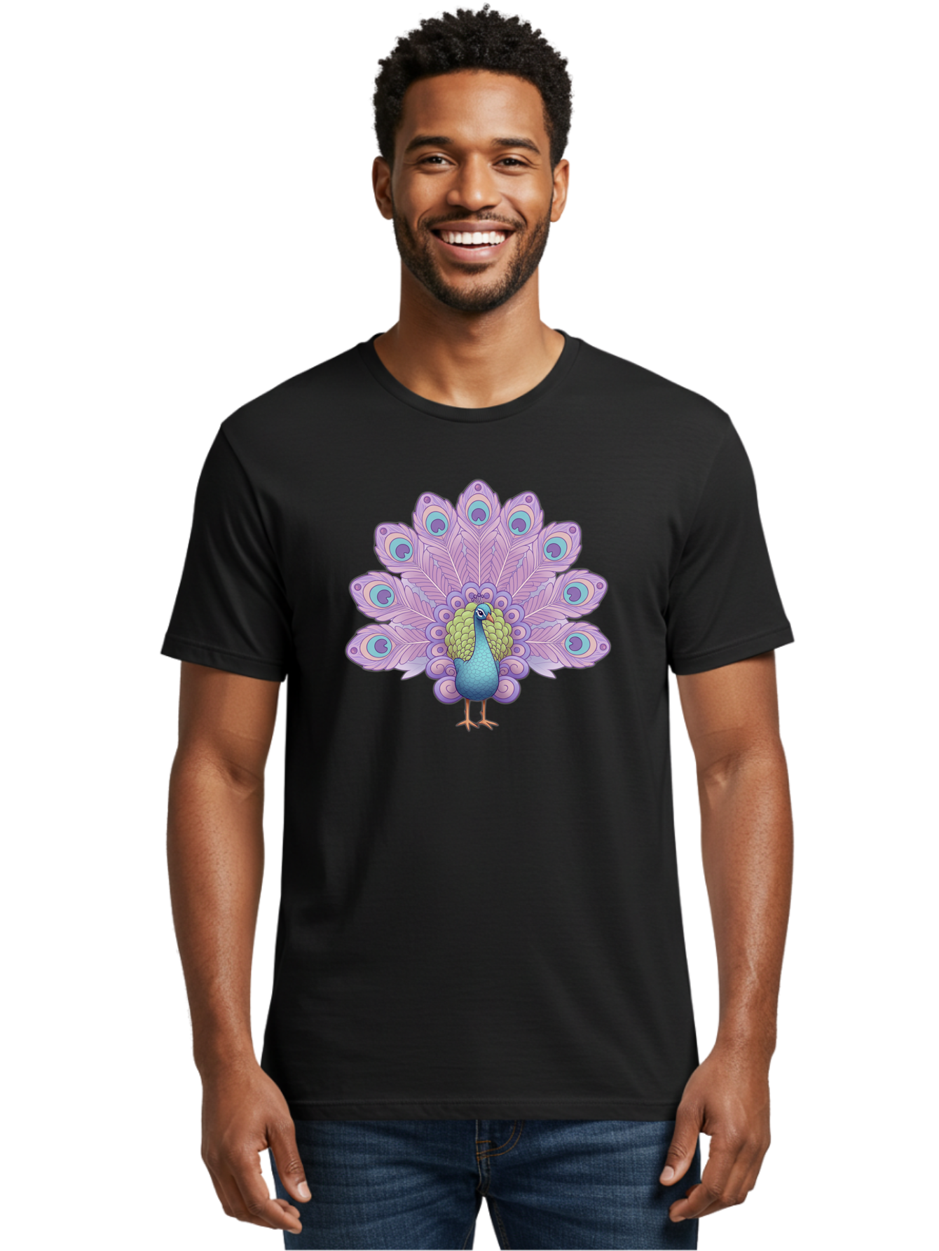 Peacock-2 Men'S Graphic Tee, 100% Cotton, Comfortable Casual Summer Wear, Machine Washable, Peacock Bird, Vibrant Plumage, Colorful Feathers, Blue And Purple Hues, Ornate Tail, Majestic Display, Eye-Catching Patterns, Luxurious Bird, Bab081