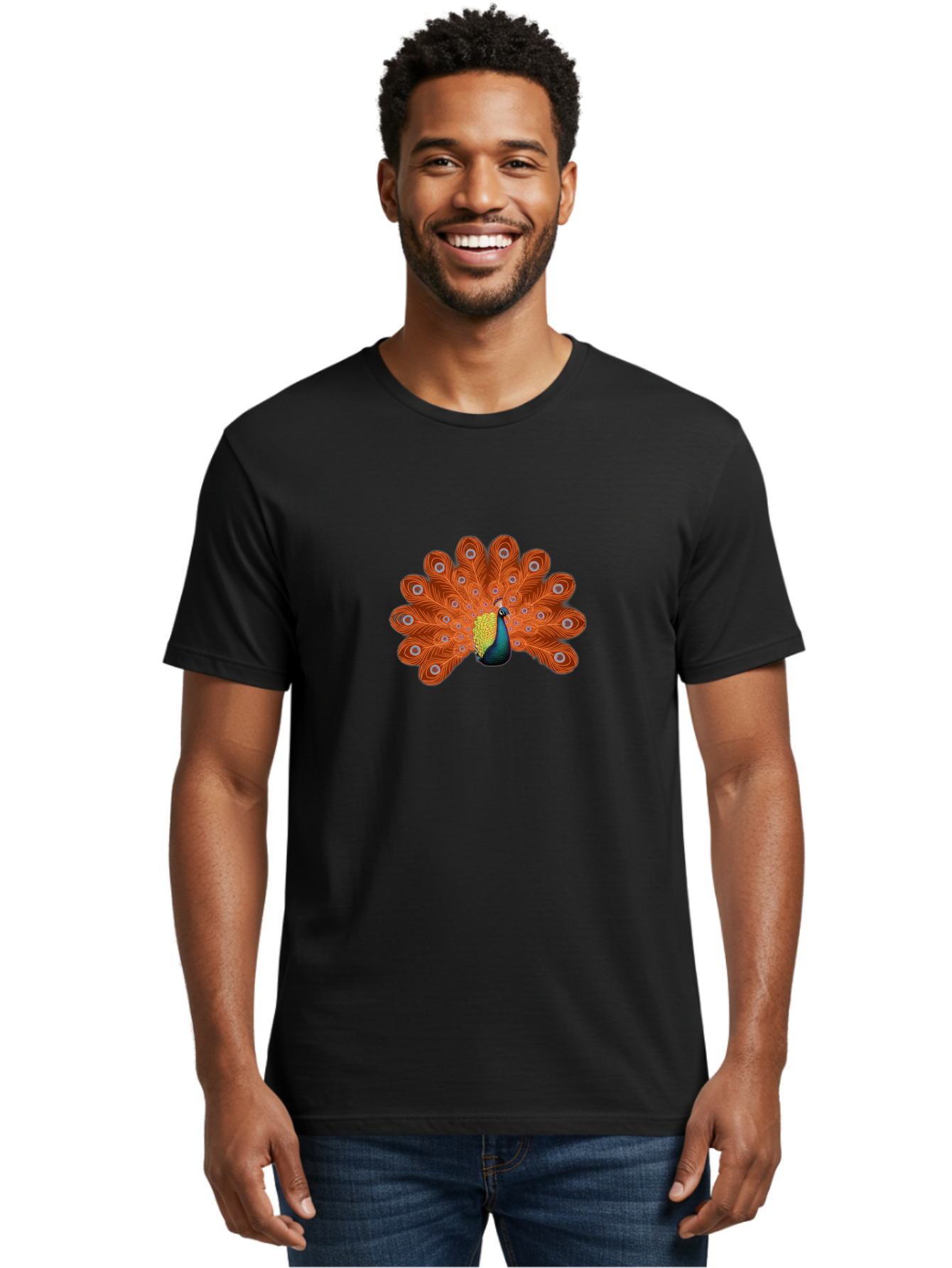 Peacock-20 Men'S Graphic Tee, 100% Cotton, Comfortable Casual Summer Wear, Machine Washable, Vibrant Peacock, Colorful Plumage, Orange Feathers, Blue And Yellow Body, Majestic Bird, Eye-Catching Display, Natural Beauty, Wildlife, Exotic Bird Bab082