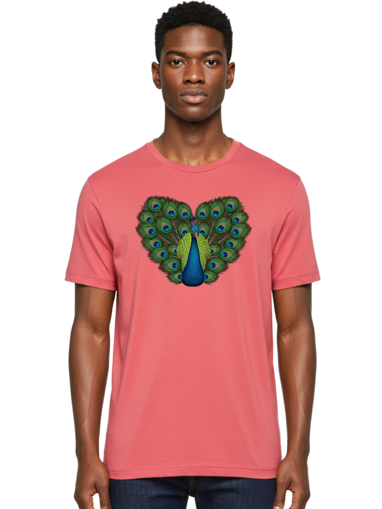 Peacock-23 Men'S Graphic Tee, 100% Cotton, Comfortable Casual Summer Wear, Machine Washable, Peacock, Spread Tail Feathers, Blue Eyespots, Colorful Plumage, Vibrant Blues And Greens, Exotic Bird, Majestic Display, Ornate Feathers Bab085