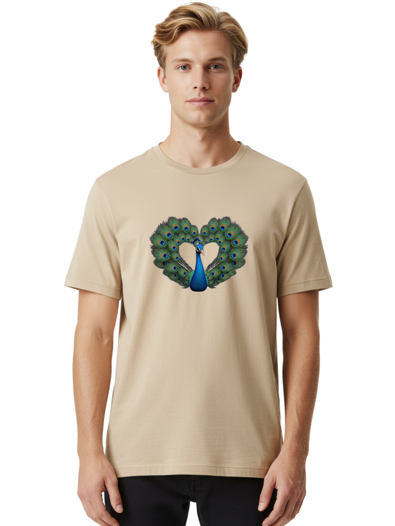 Peacock-24 Men'S Graphic Tee, 100% Cotton, Comfortable Casual Summer Wear, Machine Washable, Peacock, Majestic Bird, Feathers Spread, Iridescent Colors, Blue Eyespots, Vibrant Plumage, Ornate, Exotic, Beautiful, Fancy, Eye-Catching, Bab086