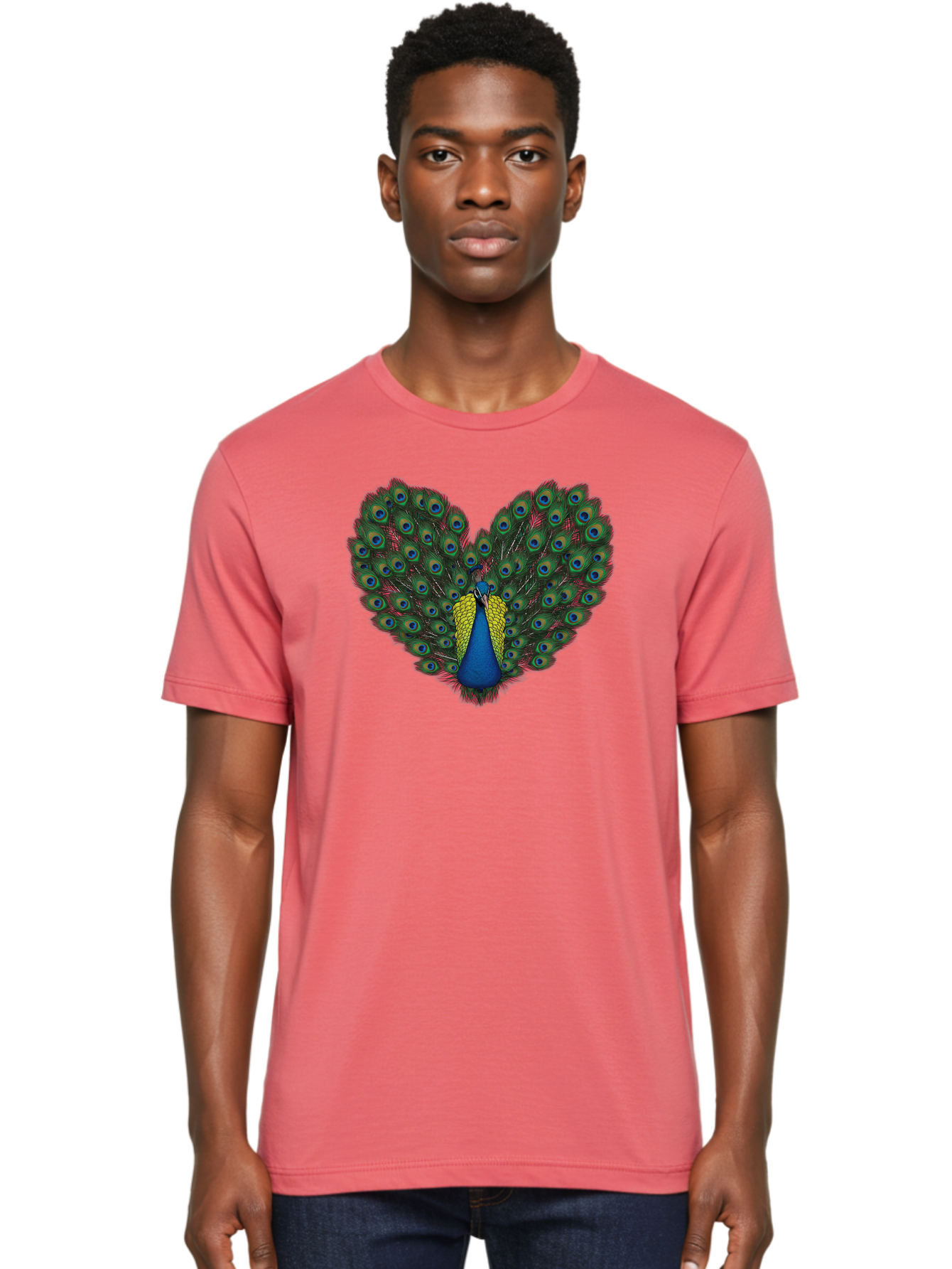 Peacock-25 Men'S Graphic Tee, 100% Cotton, Comfortable Casual Summer Wear, Machine Washable, Peacock With Spread Tail, Heart Shape, Blue And Green Feathers, Eye Spots, Vibrant Plumage, Colorful Bird, Majestic Display, Exotic Bird, Bab087