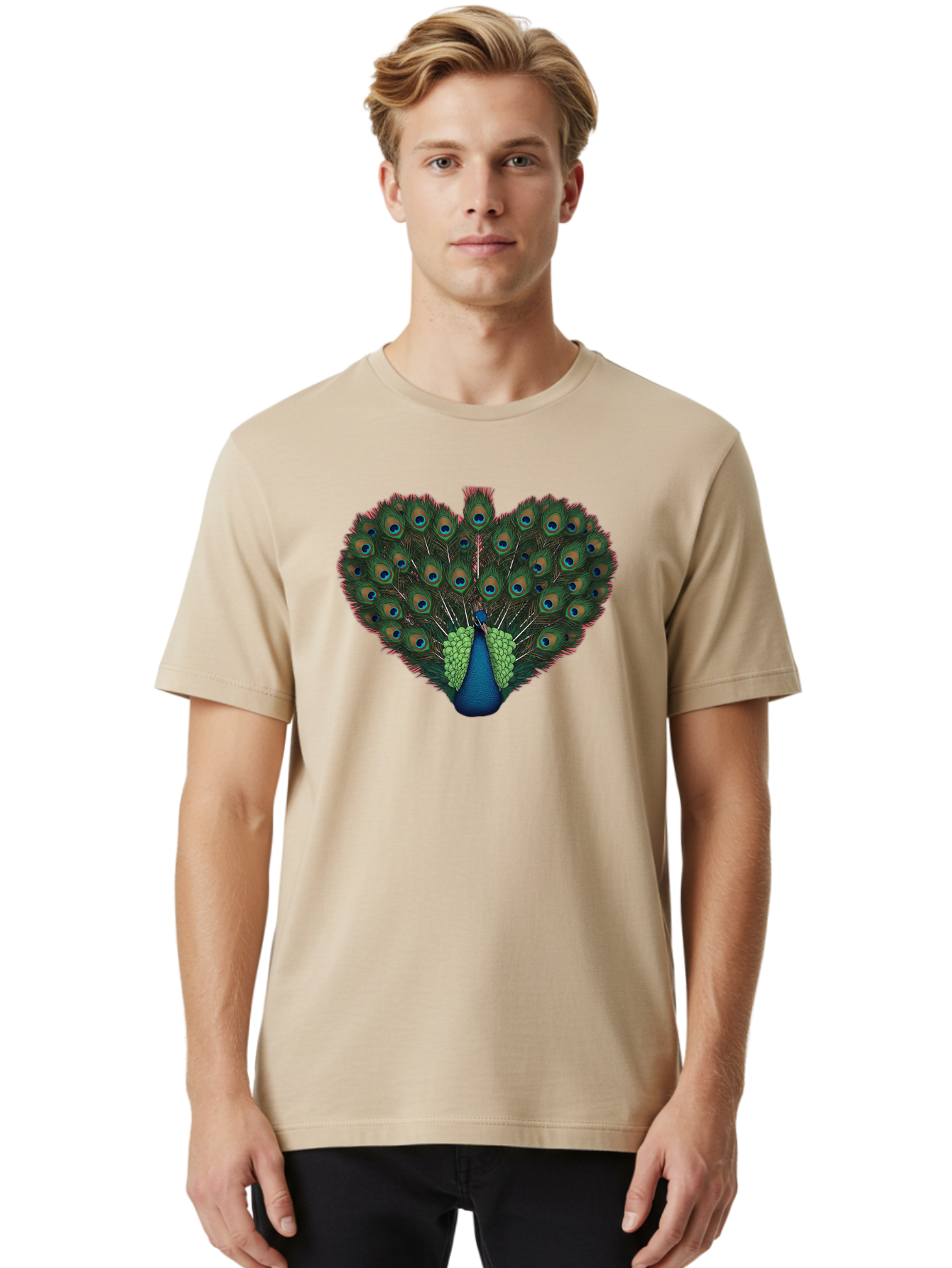 Peacock-26 Men'S Graphic Tee, 100% Cotton, Comfortable Casual Summer Wear, Machine Washable, Peacock Feather Display, Vibrant Plumage, Blue And Green Hues, Eye-Catching Pattern, Majestic Bird, Ornate Tail Feathers, Colorful Bird, Exotic Beauty Bab088