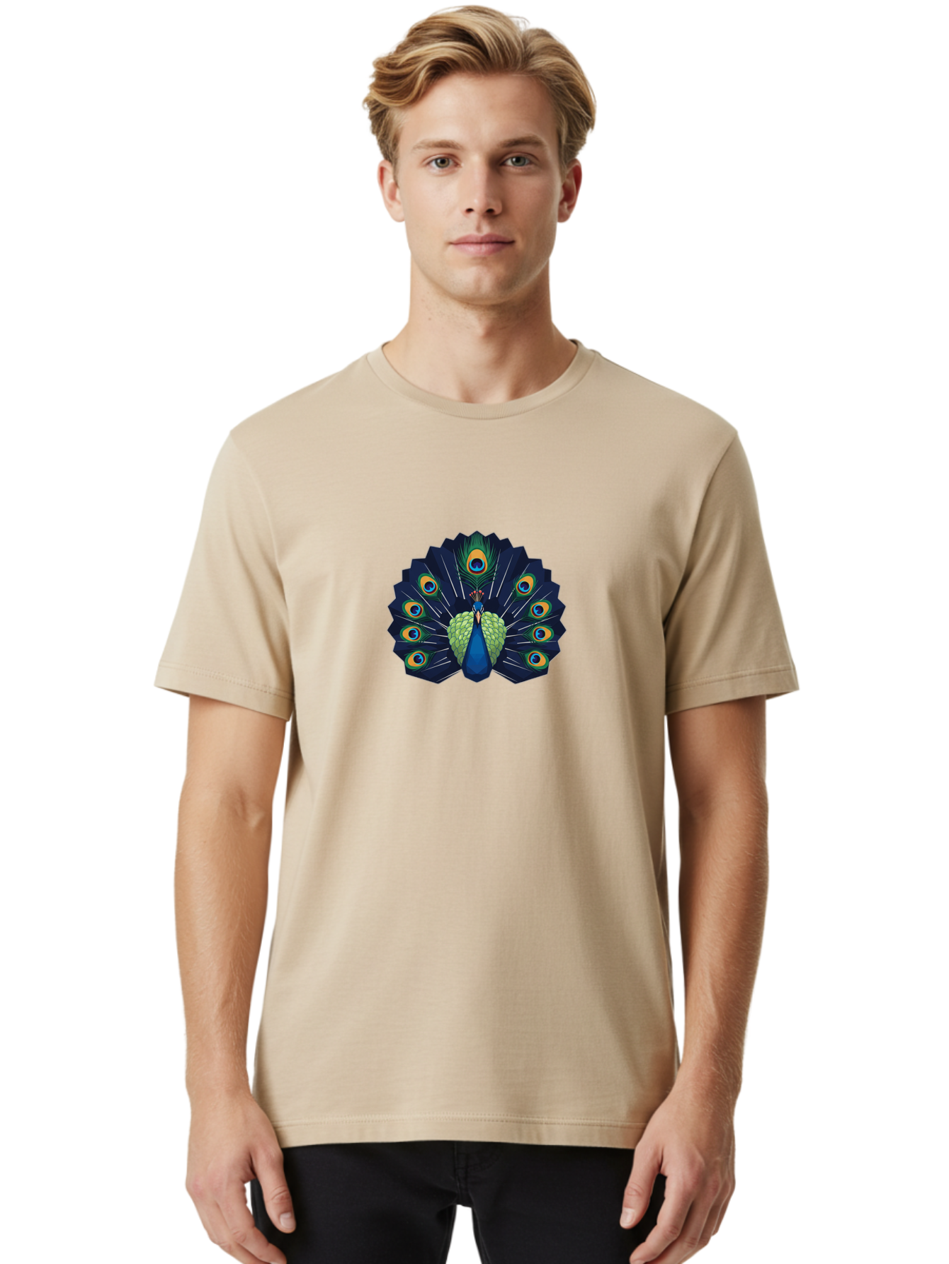 Peacock-27 Men'S Graphic Tee, 100% Cotton, Comfortable Casual Summer Wear, Machine Washable, Peacock Spreading Tail, Vibrant Plumage, Blue And Green Feathers, Eye-Catching Display, Majestic Bird, Colorful Illustration, Wildlife Art, Bab089