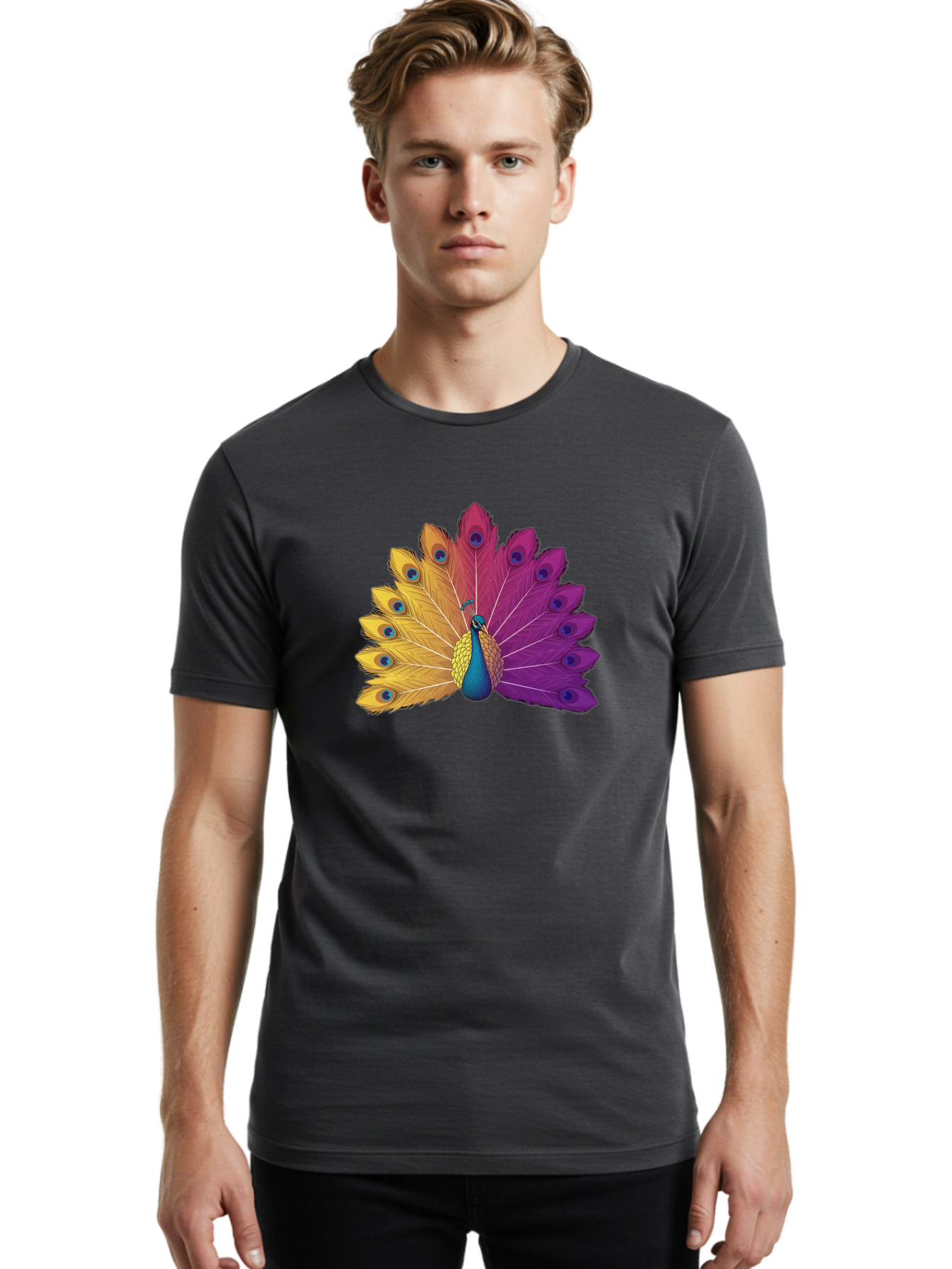 Peacock-28 Men'S Graphic Tee, 100% Cotton, Comfortable Casual Summer Wear, Machine Washable, Vibrant Peacock, Colorful Plumage, Blue Eyespots, Majestic Bird, Spread Feathers, Orange, Purple, And Yellow Hues, Exotic Beauty, Ornate Display, Bab090