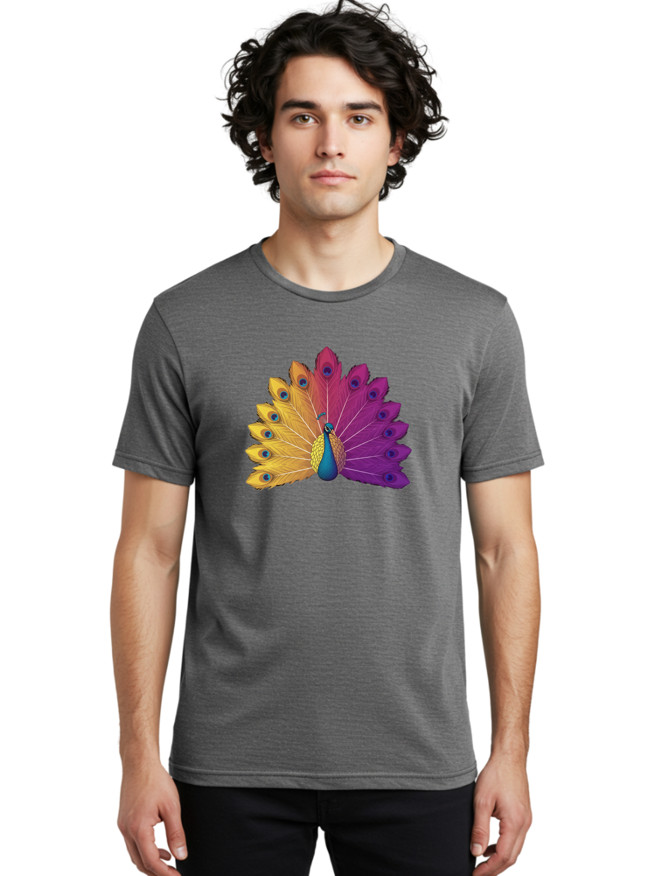 Peacock-28 Men'S Graphic Tee, 100% Cotton, Comfortable Casual Summer Wear, Machine Washable, Vibrant Peacock, Colorful Plumage, Blue Eyespots, Majestic Bird, Spread Feathers, Orange, Purple, And Yellow Hues, Exotic Beauty, Ornate Display, Bab090