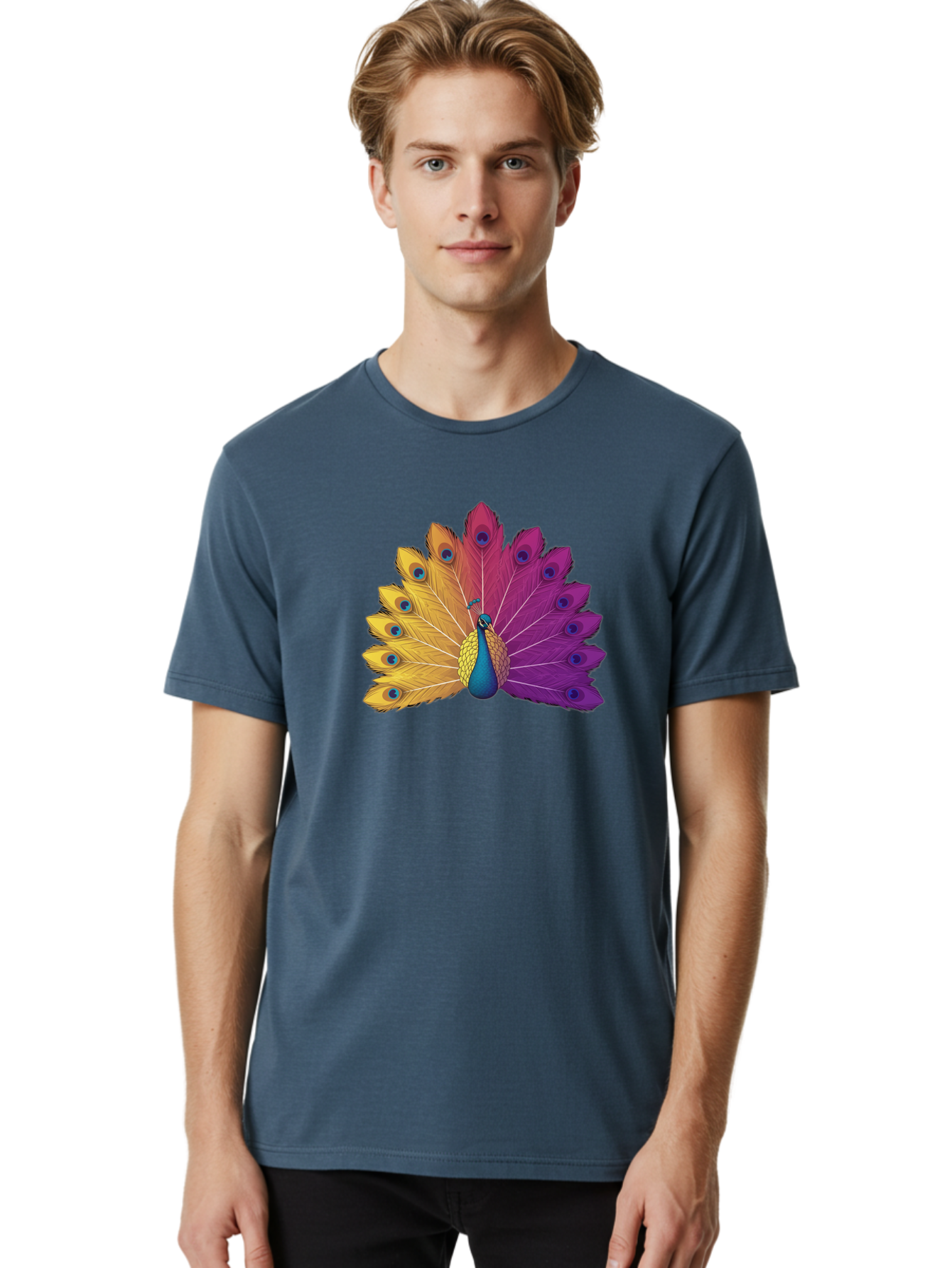 Peacock-28 Men'S Graphic Tee, 100% Cotton, Comfortable Casual Summer Wear, Machine Washable, Vibrant Peacock, Colorful Plumage, Blue Eyespots, Majestic Bird, Spread Feathers, Orange, Purple, And Yellow Hues, Exotic Beauty, Ornate Display, Bab090
