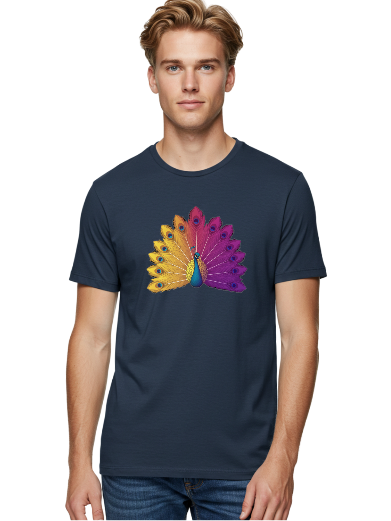 Peacock-28 Men'S Graphic Tee, 100% Cotton, Comfortable Casual Summer Wear, Machine Washable, Vibrant Peacock, Colorful Plumage, Blue Eyespots, Majestic Bird, Spread Feathers, Orange, Purple, And Yellow Hues, Exotic Beauty, Ornate Display, Bab090