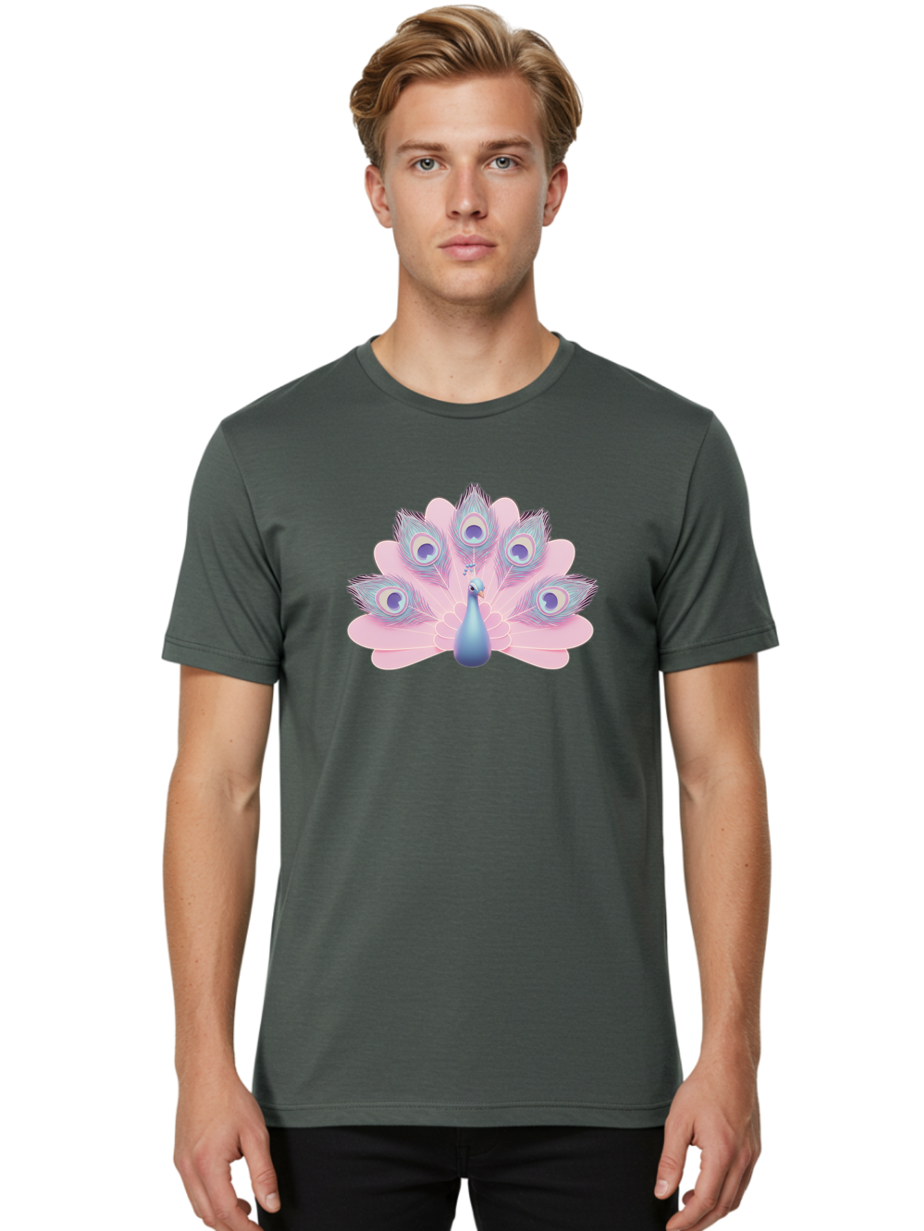 Peacock-3 Men'S Graphic Tee, 100% Cotton, Comfortable Casual Summer Wear, Machine Washable, Peacock Display, Vibrant Feathers, Blue And Pink Hues, Eye-Catching Pattern, Majestic Bird, Decorative Plumage, Colorful Illustration Bab092