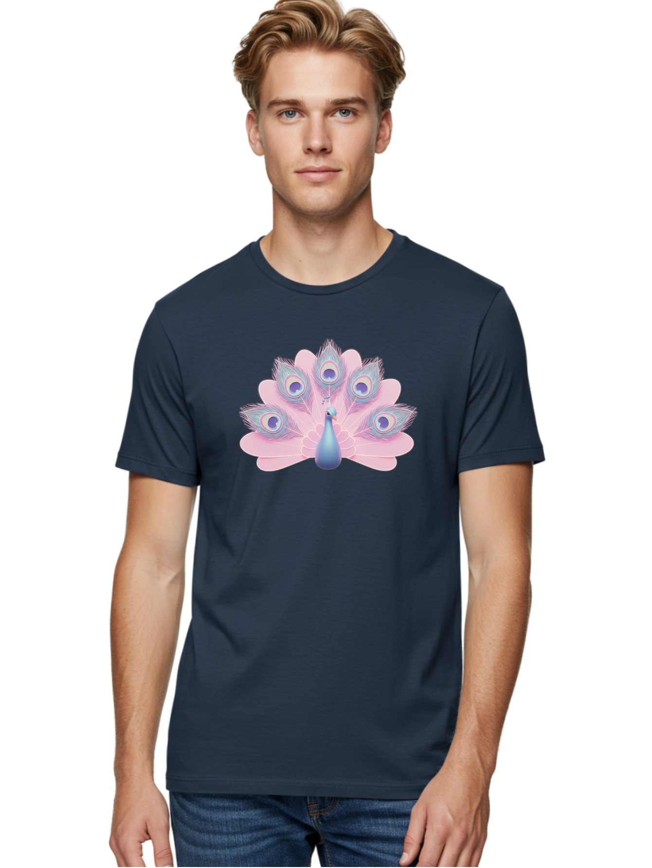 Peacock-3 Men'S Graphic Tee, 100% Cotton, Comfortable Casual Summer Wear, Machine Washable, Peacock Display, Vibrant Feathers, Blue And Pink Hues, Eye-Catching Pattern, Majestic Bird, Decorative Plumage, Colorful Illustration Bab092