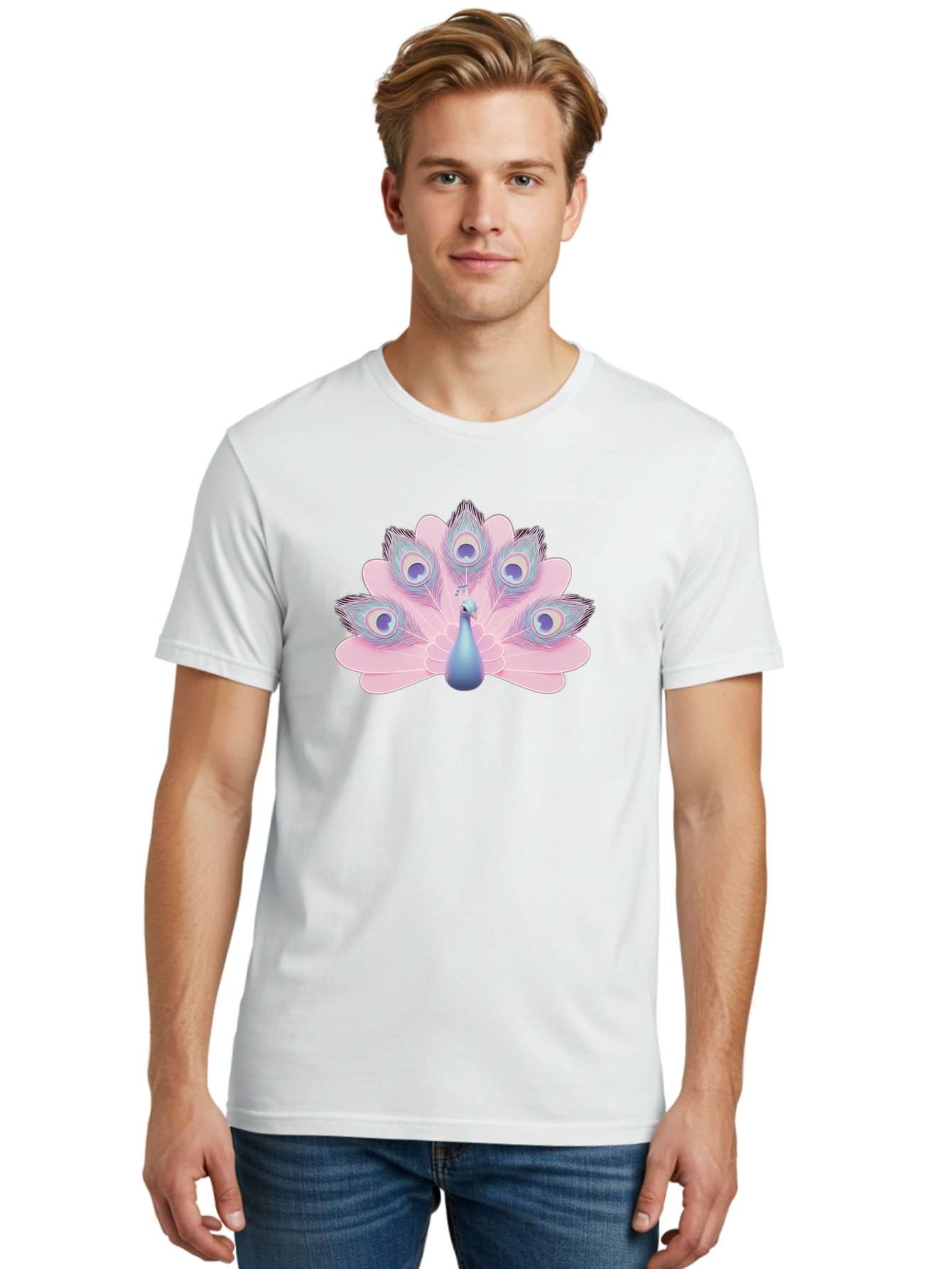 Peacock-3 Men'S Graphic Tee, 100% Cotton, Comfortable Casual Summer Wear, Machine Washable, Peacock Display, Vibrant Feathers, Blue And Pink Hues, Eye-Catching Pattern, Majestic Bird, Decorative Plumage, Colorful Illustration Bab092