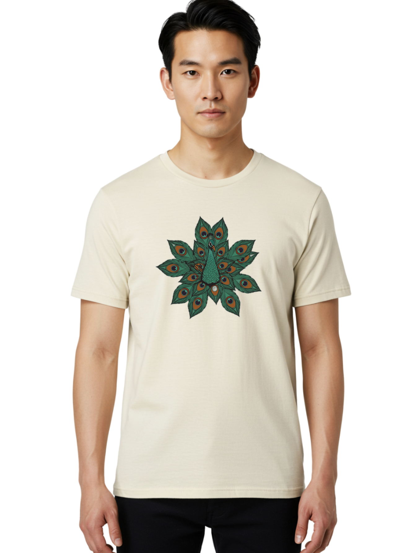 Peacock-31 Men'S Graphic Tee, 100% Cotton, Comfortable Casual Summer Wear, Machine Washable, Peacock Feather, Symmetrical Pattern, Vibrant Colors, Natural Beauty, Exotic Bird, Intricate Design, Circular Shape, Orange And Blue Hues, Bab094