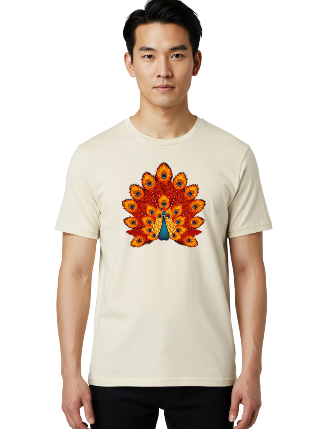 Peacock-32 Men'S Graphic Tee, 100% Cotton, Comfortable Casual Summer Wear, Machine Washable, Peacock Feathers, Vibrant Colors, Iridescent Blues, Orange And Yellow Hues, Eye-Catching Pattern, Exotic Bird, Majestic Plumage, Eye Spots, Bab095