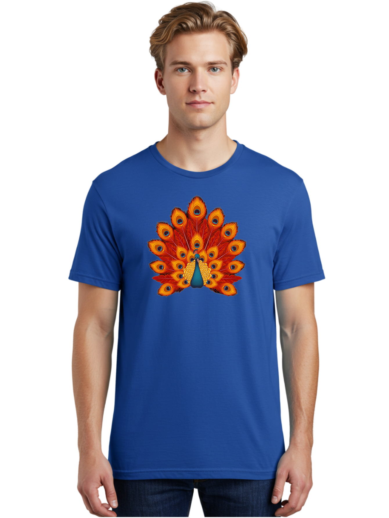 Peacock-32 Men'S Graphic Tee, 100% Cotton, Comfortable Casual Summer Wear, Machine Washable, Peacock Feathers, Vibrant Colors, Iridescent Blues, Orange And Yellow Hues, Eye-Catching Pattern, Exotic Bird, Majestic Plumage, Eye Spots, Bab095