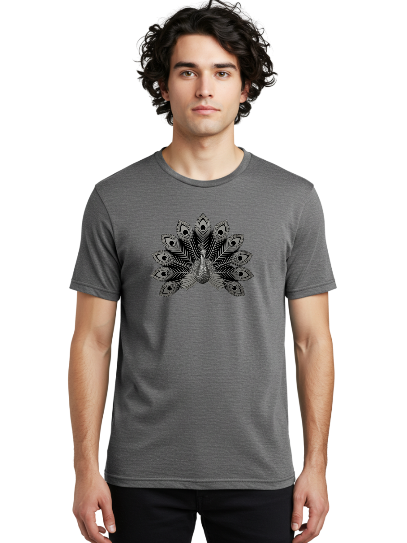 Peacock-33 Men'S Graphic Tee, 100% Cotton, Comfortable Casual Summer Wear, Machine Washable, Peacock With Spread Feathers, Black And White Illustration, Detailed Design, Bird With Eyespots, Artistic Depiction, Feather Pattern, Decorative Art Bab096