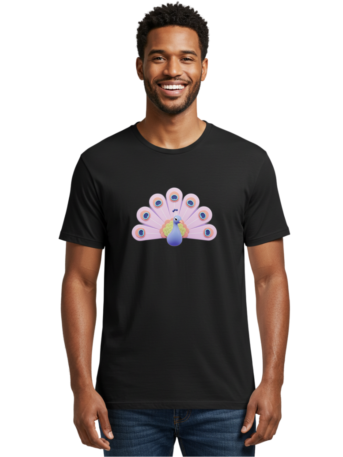 Peacock-4 Men'S Graphic Tee, 100% Cotton, Comfortable Casual Summer Wear, Machine Washable, Peacock Illustration, Colorful Plumage, Blue Bird, Purple Feathers, Orange Accents, Eye-Catching Design, Stylized Artwork, Vibrant Colors, Bab098