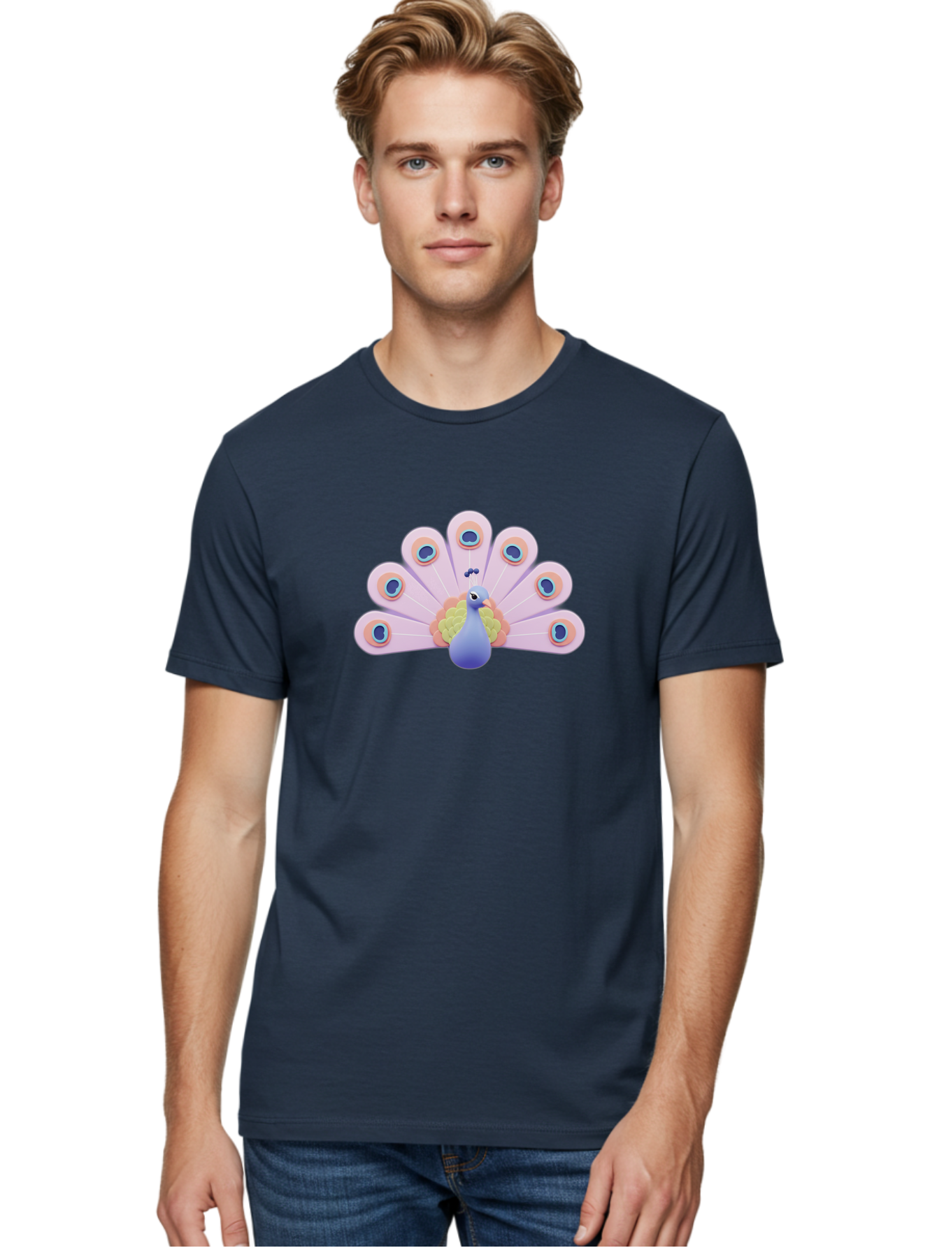 Peacock-4 Men'S Graphic Tee, 100% Cotton, Comfortable Casual Summer Wear, Machine Washable, Peacock Illustration, Colorful Plumage, Blue Bird, Purple Feathers, Orange Accents, Eye-Catching Design, Stylized Artwork, Vibrant Colors, Bab098