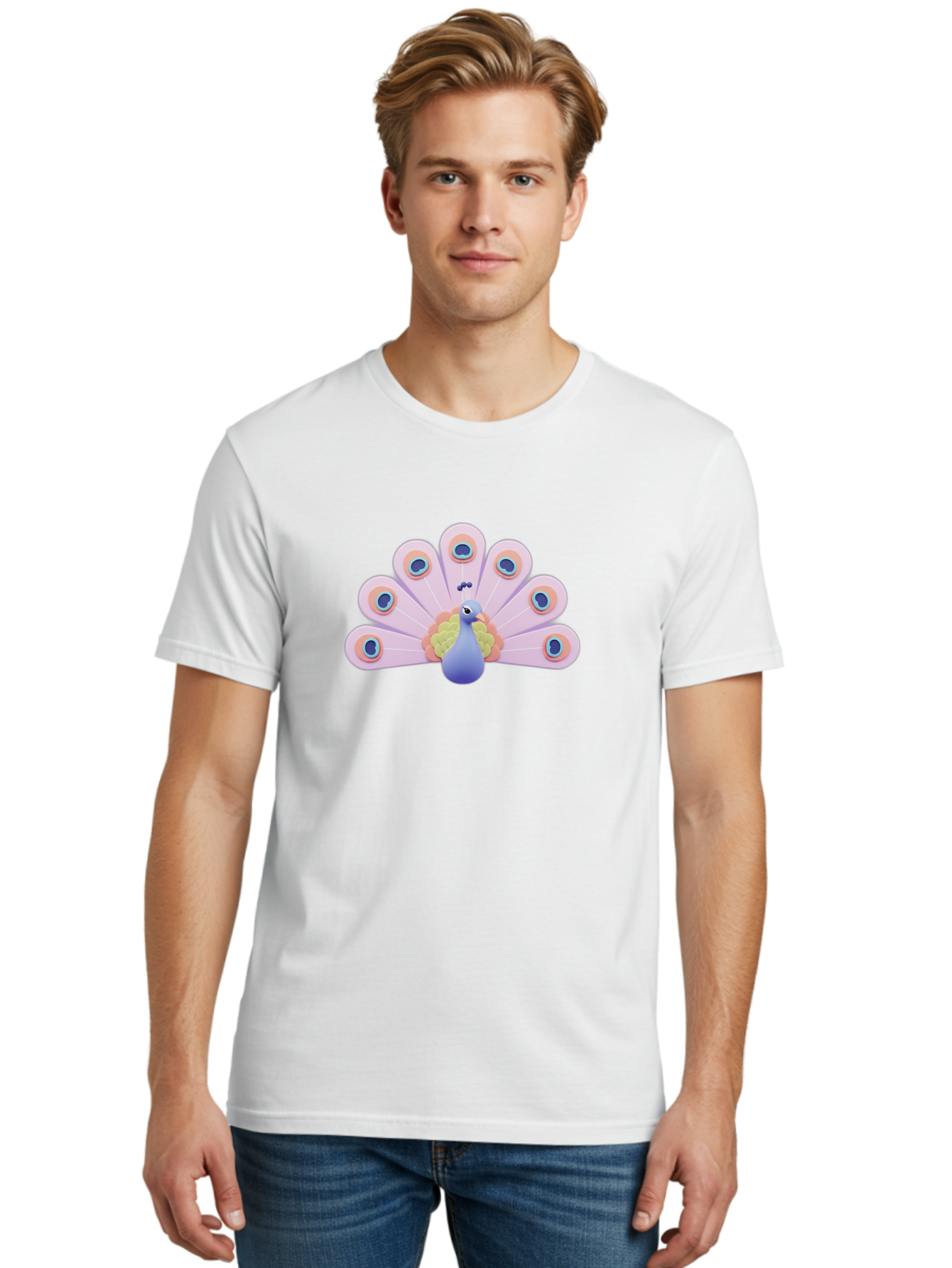 Peacock-4 Men'S Graphic Tee, 100% Cotton, Comfortable Casual Summer Wear, Machine Washable, Peacock Illustration, Colorful Plumage, Blue Bird, Purple Feathers, Orange Accents, Eye-Catching Design, Stylized Artwork, Vibrant Colors, Bab098