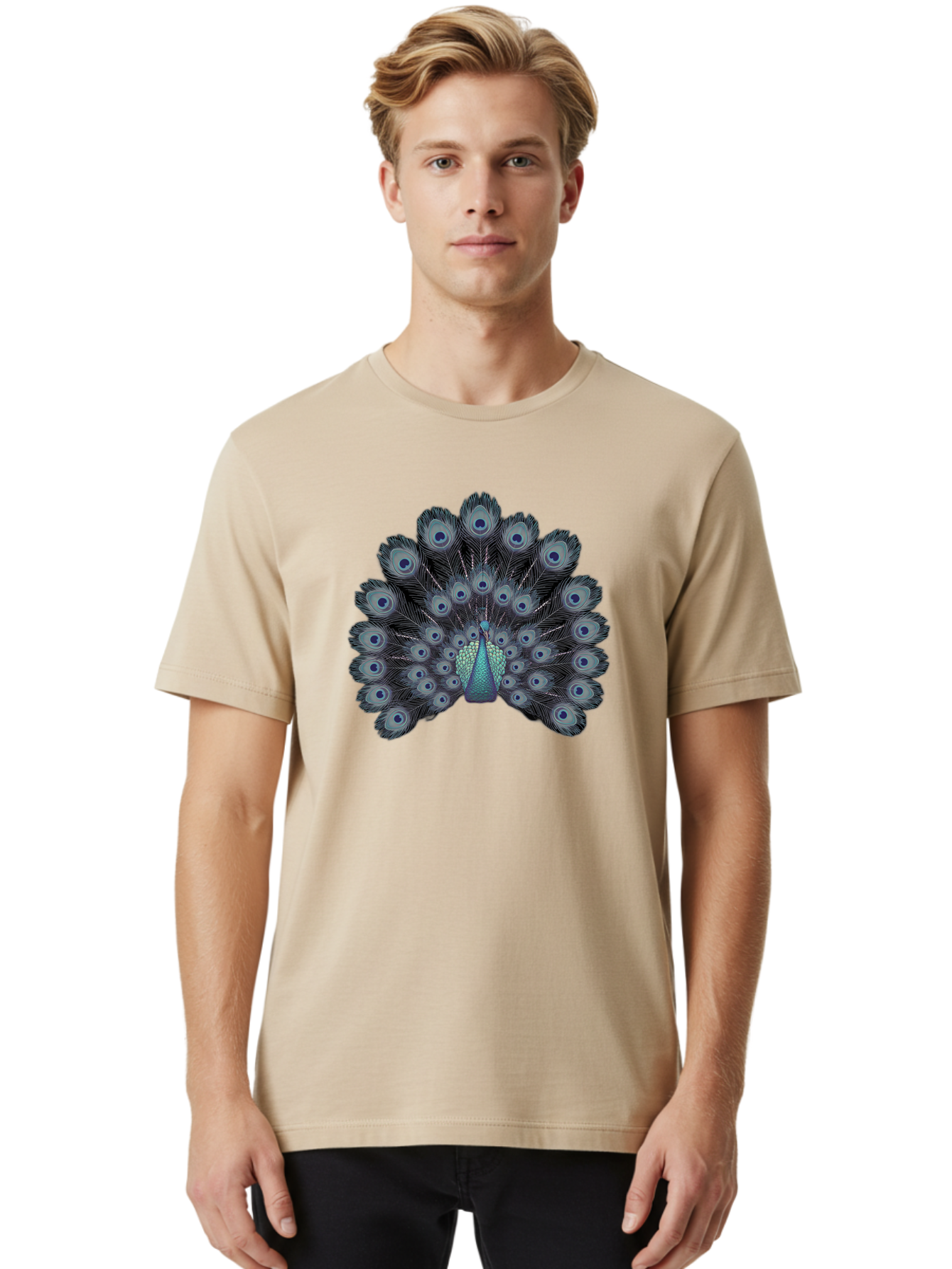 Peacock-5 Men'S Graphic Tee, 100% Cotton, Comfortable Casual Summer Wear, Machine Washable, Peacock, Blue Feathers, Feathers Spread, Bird Display, Eye-Catching, Iridescent, Blue Eyes, Feathered Friend, Nature'S Beauty, Majestic Bird Bab099