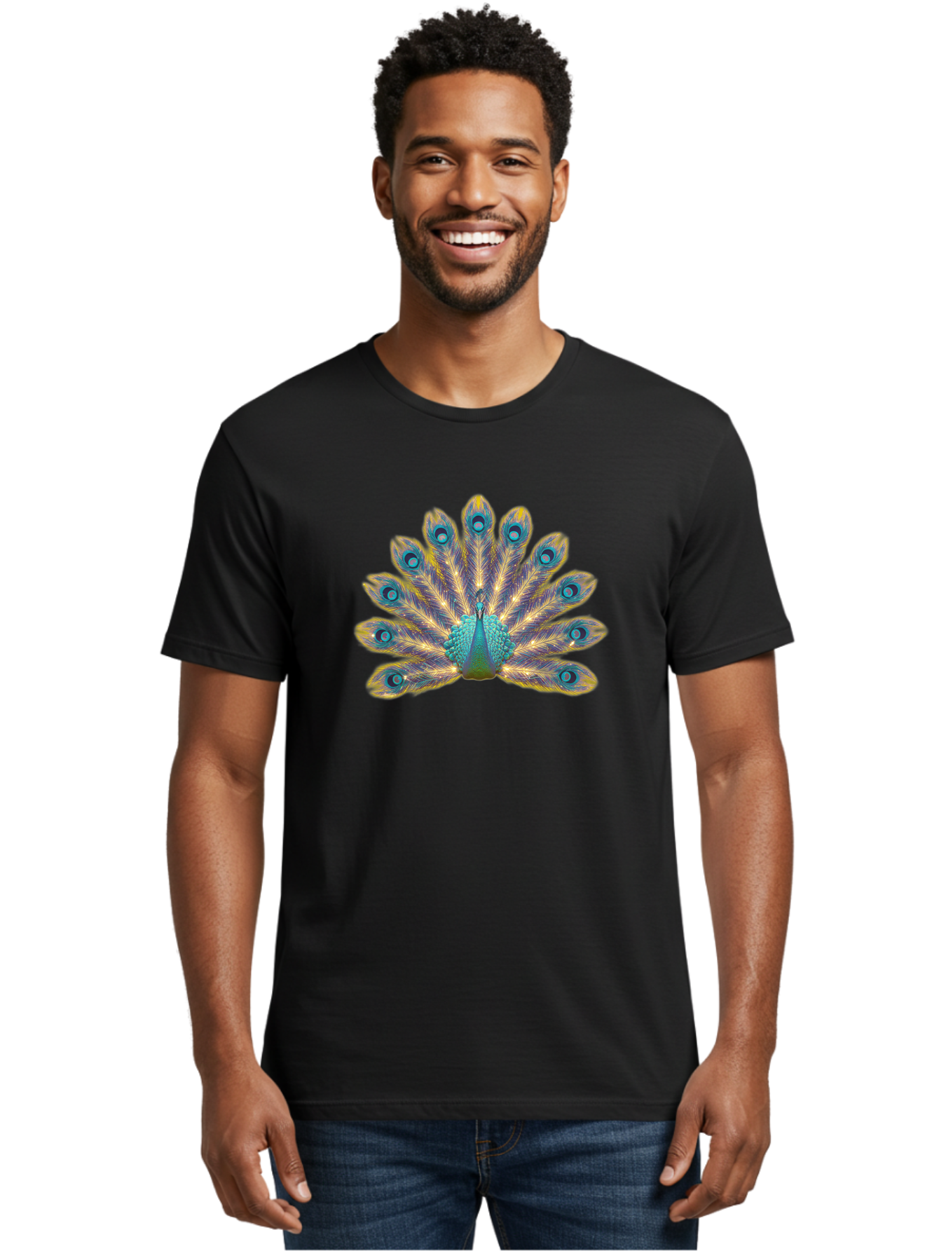 Peacock-7 Men'S Graphic Tee, 100% Cotton, Comfortable Casual Summer Wear, Machine Washable, Vibrant Feathers, Blue And Yellow Plumage, Iridescent Colors, Intricate Patterns, Majestic Bird, Courtship Display, Exotic Wildlife, Bab101