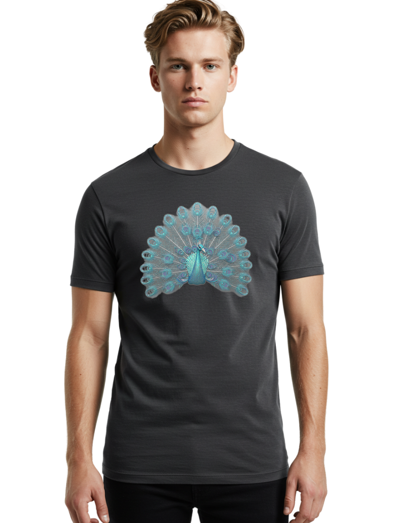 Peacock-8 Men'S Graphic Tee, 100% Cotton, Comfortable Casual Summer Wear, Machine Washable, Blue Peacock, Bird'S Plumage, Feathered Friend, Exotic Bird, Vibrant Colors, Eye-Catching Pattern, Wildlife Photography, Blue Feathers Bab102