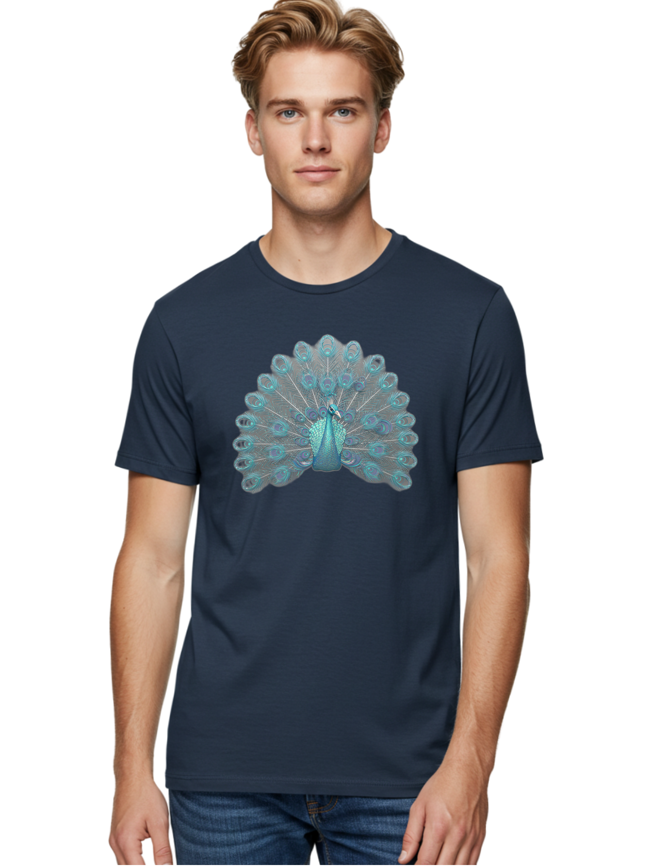Peacock-8 Men'S Graphic Tee, 100% Cotton, Comfortable Casual Summer Wear, Machine Washable, Blue Peacock, Bird'S Plumage, Feathered Friend, Exotic Bird, Vibrant Colors, Eye-Catching Pattern, Wildlife Photography, Blue Feathers Bab102
