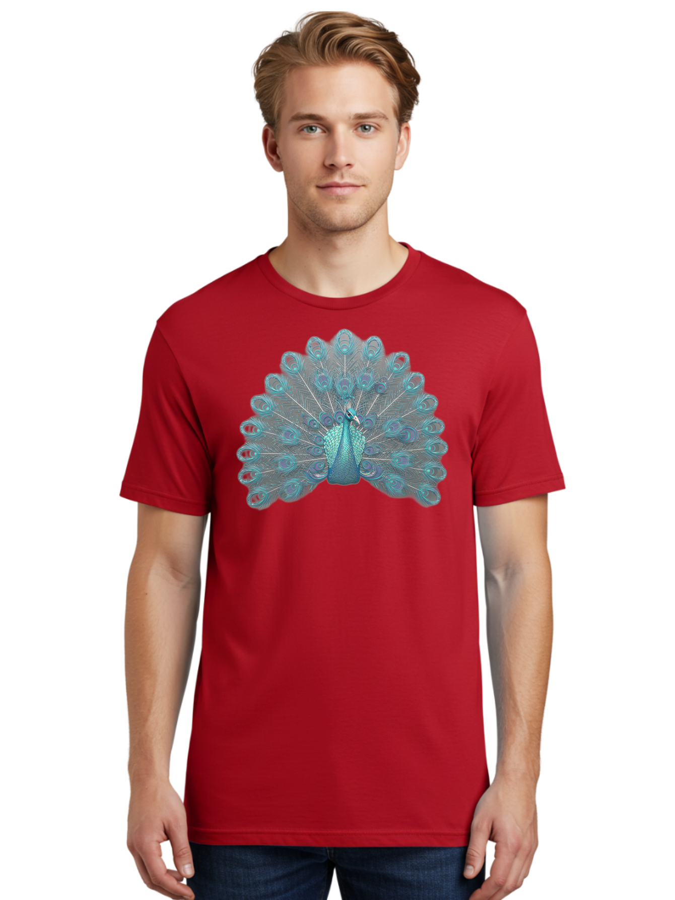 Peacock-8 Men'S Graphic Tee, 100% Cotton, Comfortable Casual Summer Wear, Machine Washable, Blue Peacock, Bird'S Plumage, Feathered Friend, Exotic Bird, Vibrant Colors, Eye-Catching Pattern, Wildlife Photography, Blue Feathers Bab102