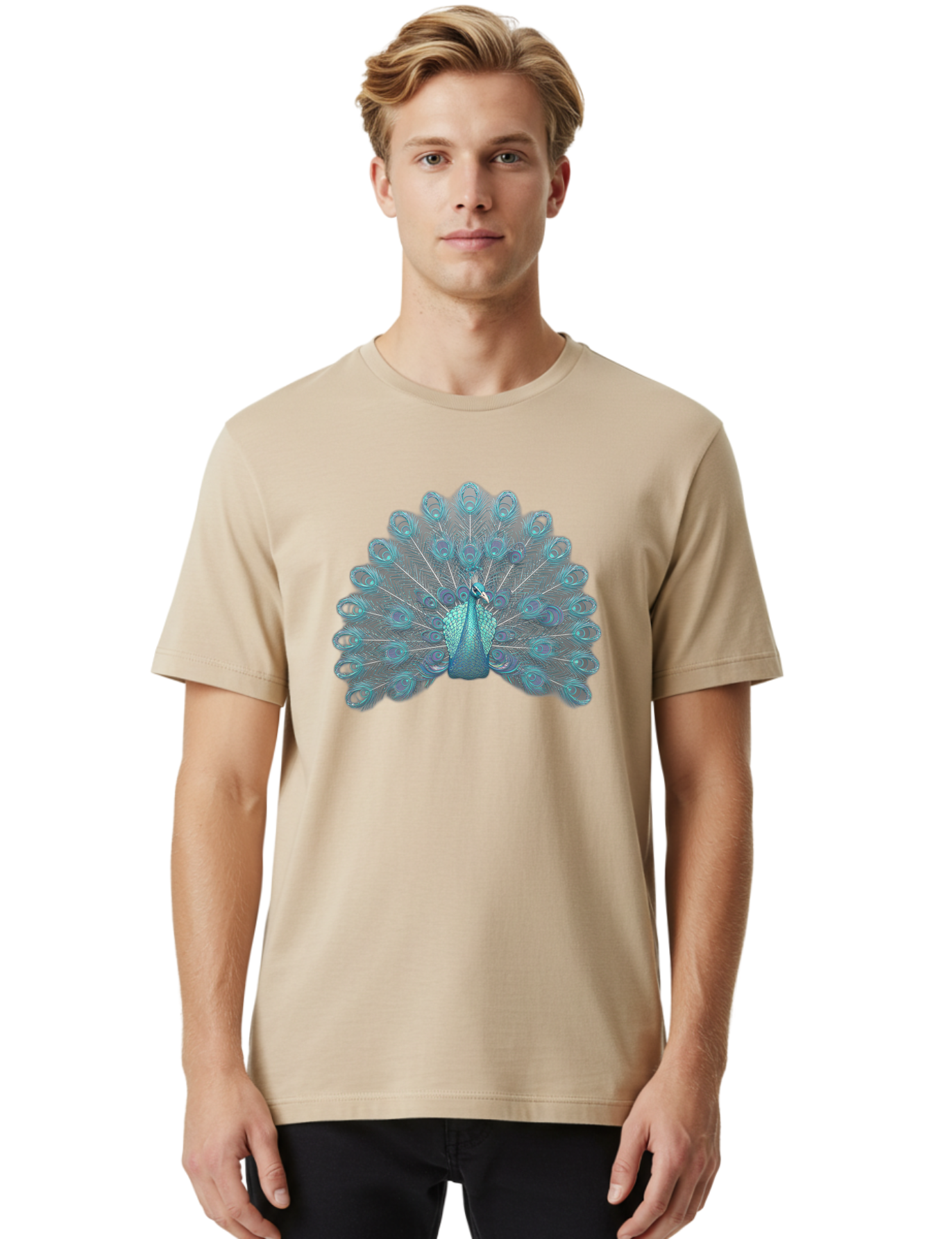 Peacock-8 Men'S Graphic Tee, 100% Cotton, Comfortable Casual Summer Wear, Machine Washable, Blue Peacock, Bird'S Plumage, Feathered Friend, Exotic Bird, Vibrant Colors, Eye-Catching Pattern, Wildlife Photography, Blue Feathers Bab102