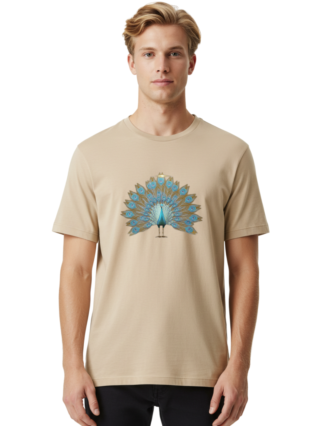 Peacock-9 Men'S Graphic Tee, 100% Cotton, Comfortable Casual Summer Wear, Machine Washable, Peacock Display, Vibrant Blue Feathers, Eye-Catching Plumage, Majestic Bird, Nature'S Beauty, Stunning Colors, Ornate Tail Feathers, Bird Of Paradise Bab103