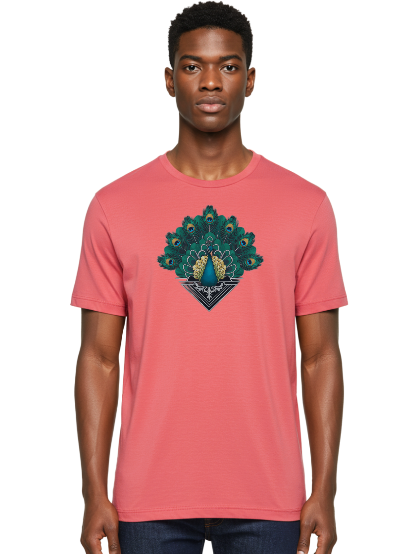 Peacock-Design Men'S Graphic Tee, 100% Cotton, Comfortable Casual Summer Wear, Machine Washable, Peacock, Vibrant Plumage, Blue And Gold Feathers, Ornate Design, Majestic Bird, Display Of Feathers, Symbolic Beauty, Elegant Pattern Bab104