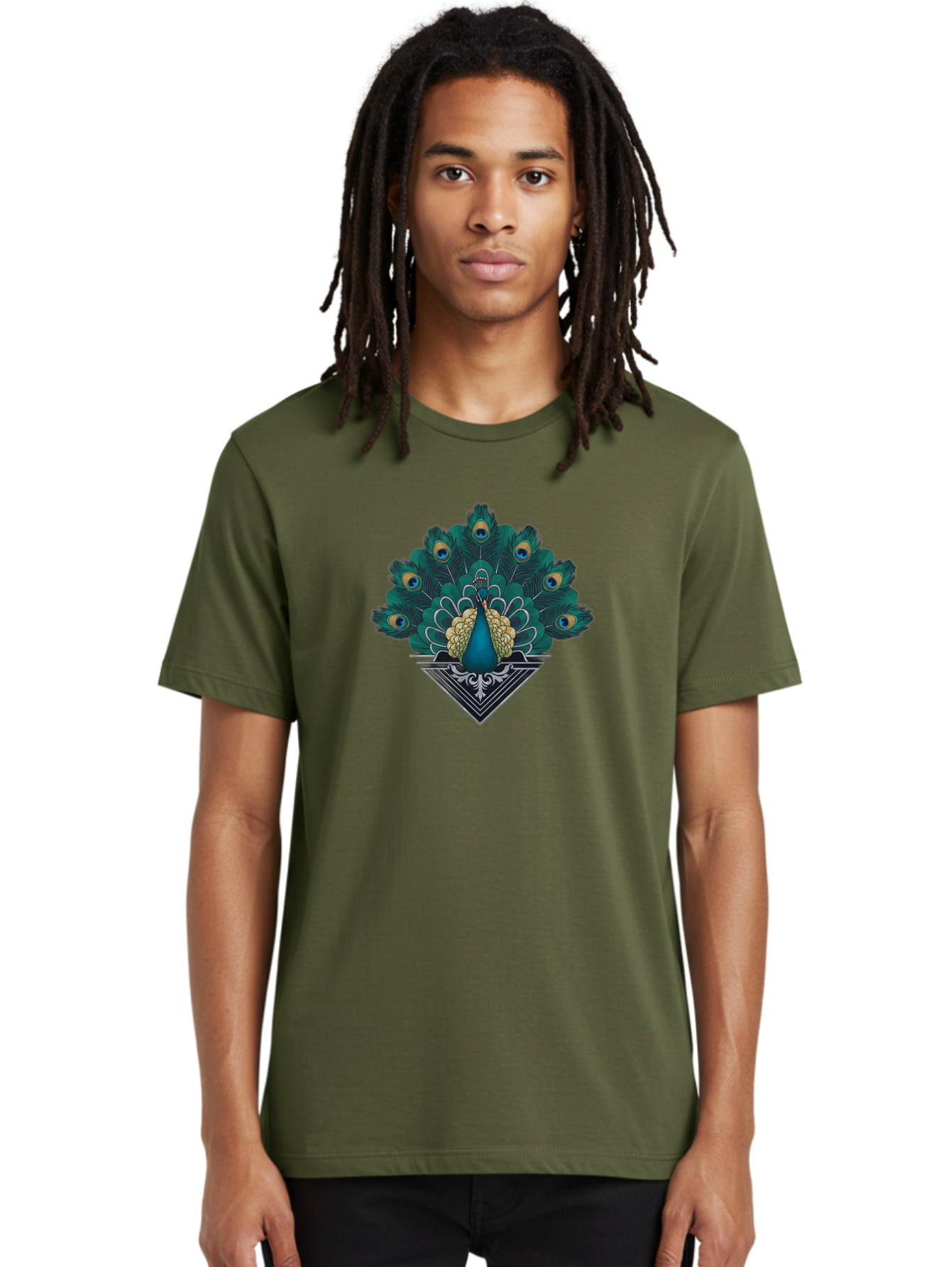 Peacock-Design Men'S Graphic Tee, 100% Cotton, Comfortable Casual Summer Wear, Machine Washable, Peacock, Vibrant Plumage, Blue And Gold Feathers, Ornate Design, Majestic Bird, Display Of Feathers, Symbolic Beauty, Elegant Pattern Bab104