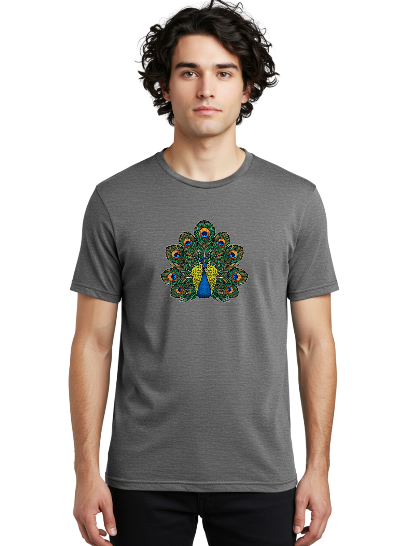 Peacock-Feather-1 Men'S Graphic Tee, 100% Cotton, Comfortable Casual Summer Wear, Machine Washable, Peacock Spreading Its Feathers, Vibrant Plumage, Blue And Gold Colors, Eye-Catching Display, Majestic Bird, Colorful Illustration, Bab107