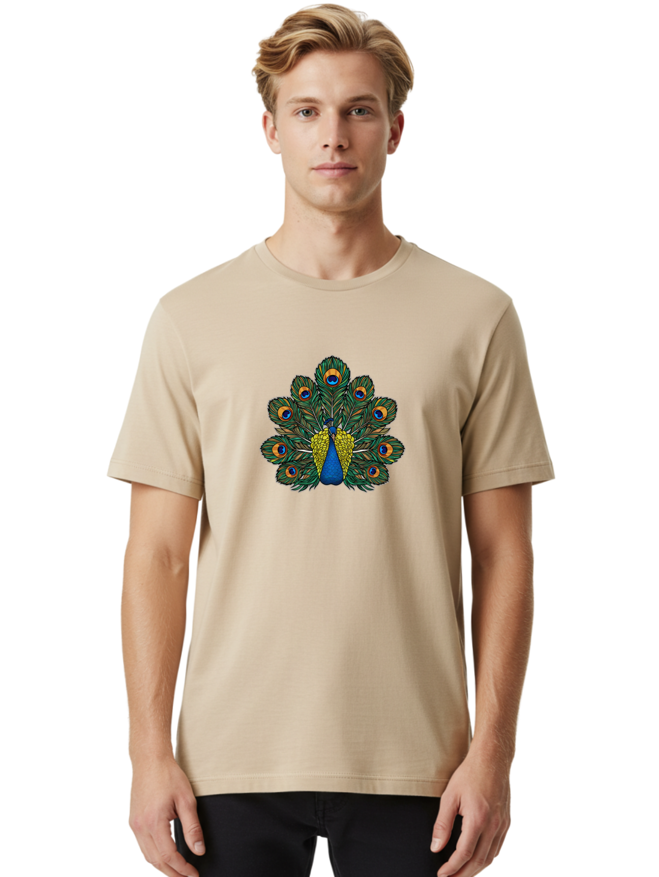 Peacock-Feather-1 Men'S Graphic Tee, 100% Cotton, Comfortable Casual Summer Wear, Machine Washable, Peacock Spreading Its Feathers, Vibrant Plumage, Blue And Gold Colors, Eye-Catching Display, Majestic Bird, Colorful Illustration, Bab107