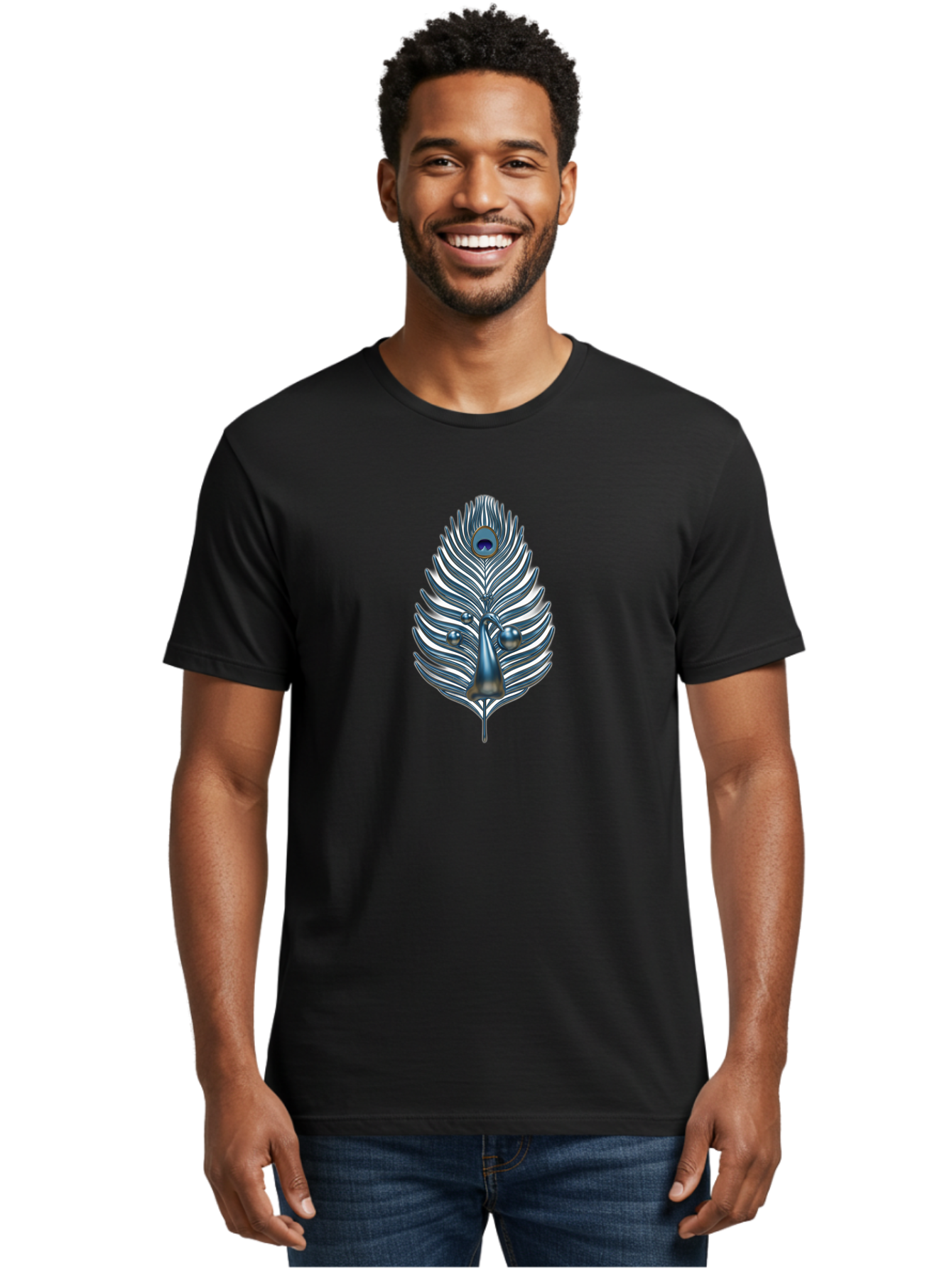 Peacock-Feather-10 Men'S Graphic Tee, 100% Cotton, Comfortable Casual Summer Wear, Machine Washable, Luxury Feather, Peacock Plumage, Ornate Design, Metallic Sheen, Vibrant Blue Eye, 3D Effect, Decorative Element, Chrome Accents, Bab108