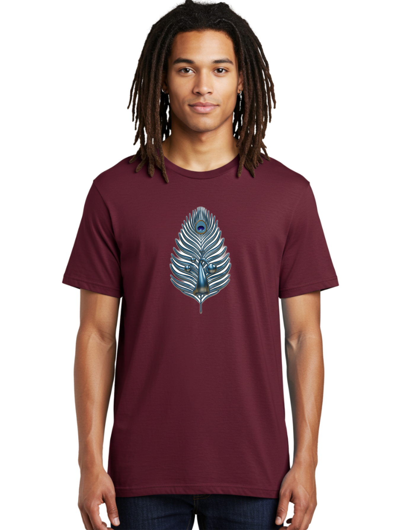 Peacock-Feather-10 Men'S Graphic Tee, 100% Cotton, Comfortable Casual Summer Wear, Machine Washable, Luxury Feather, Peacock Plumage, Ornate Design, Metallic Sheen, Vibrant Blue Eye, 3D Effect, Decorative Element, Chrome Accents, Bab108
